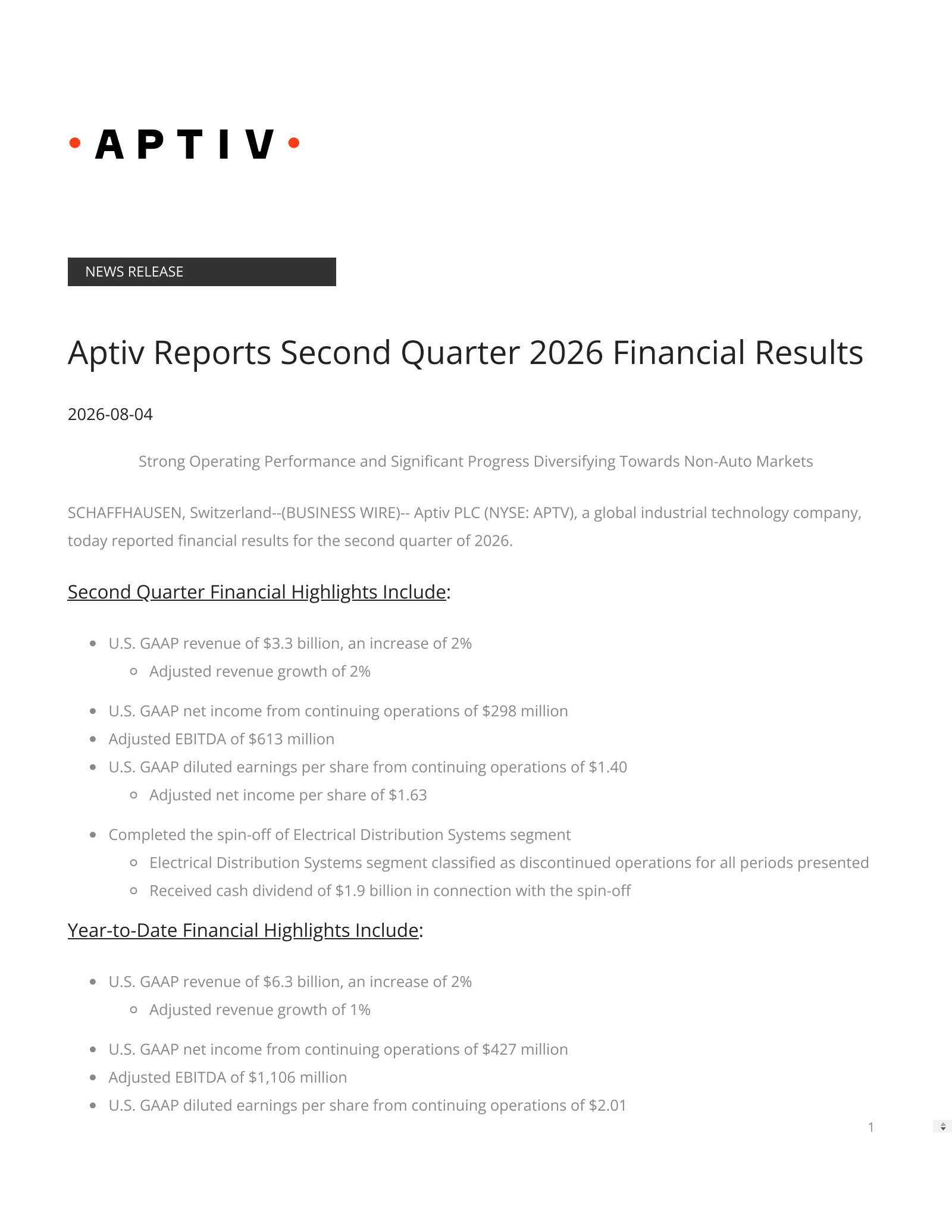 Aptiv's Q2 2026 Press Release