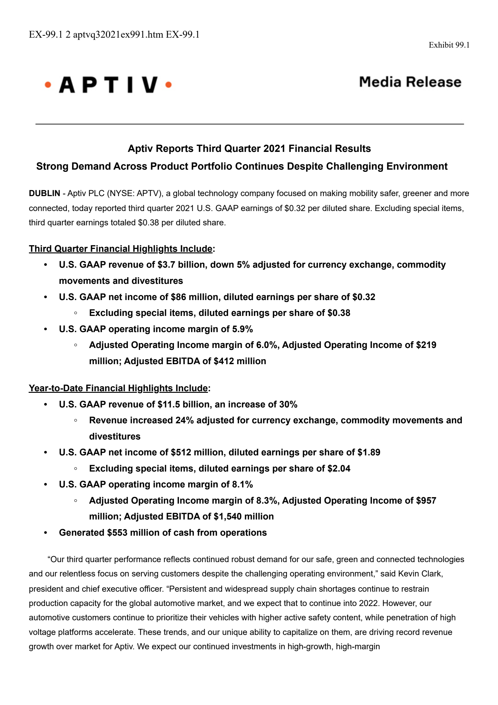 Aptiv's Q3 2021 Press Release