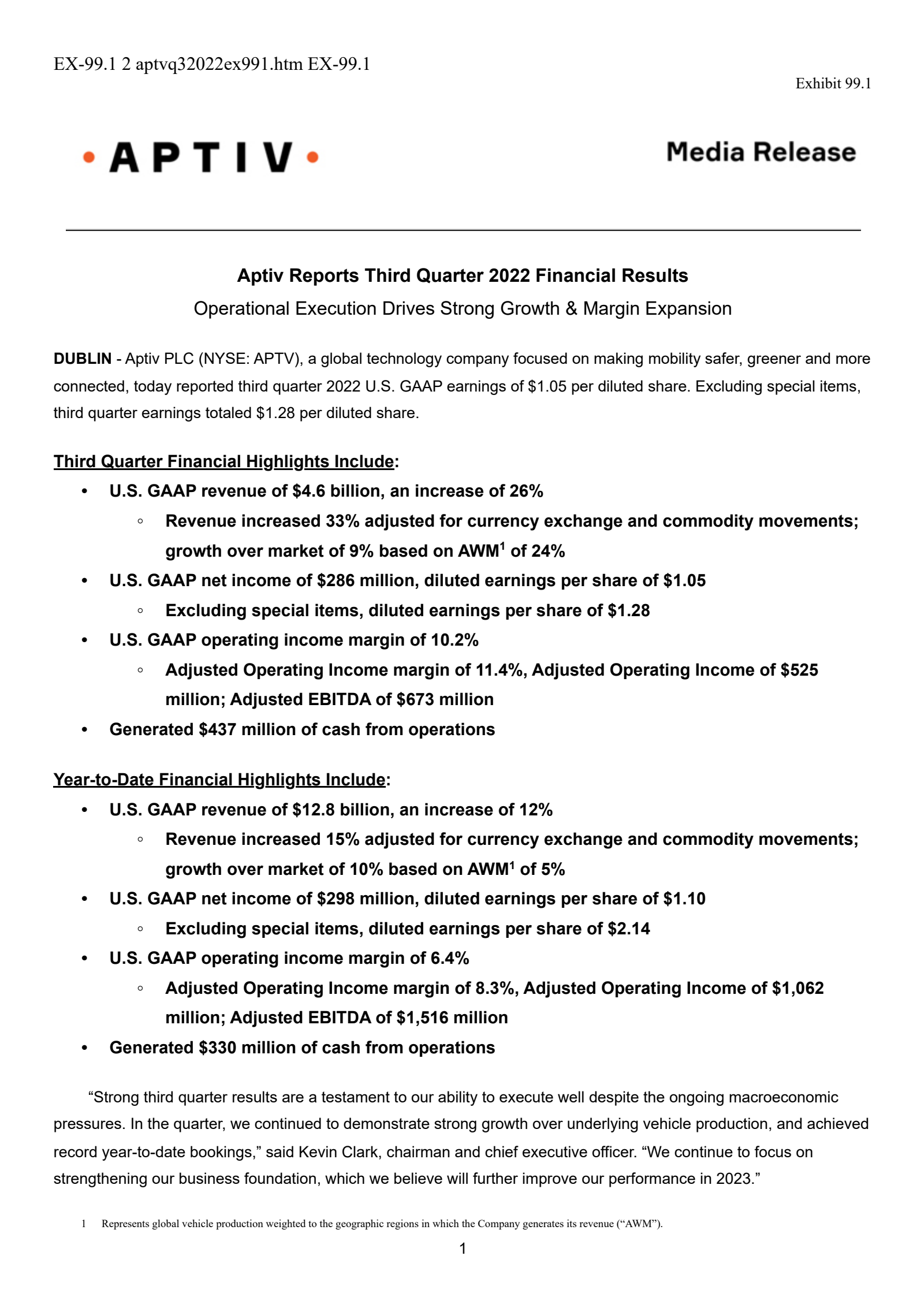 Aptiv's Q3 2022 Press Release