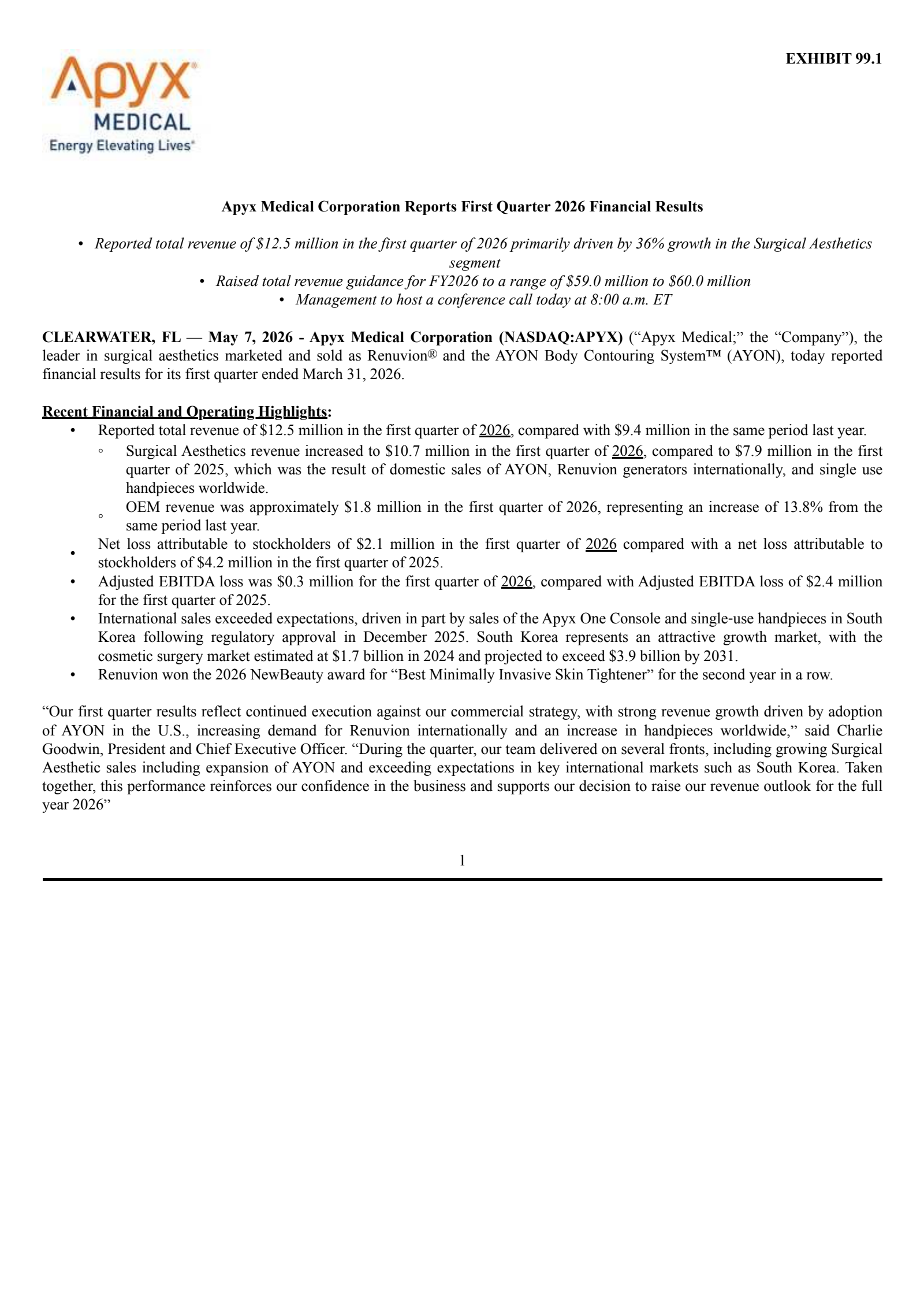 Apyx Medical's Q1 2026 Press Release