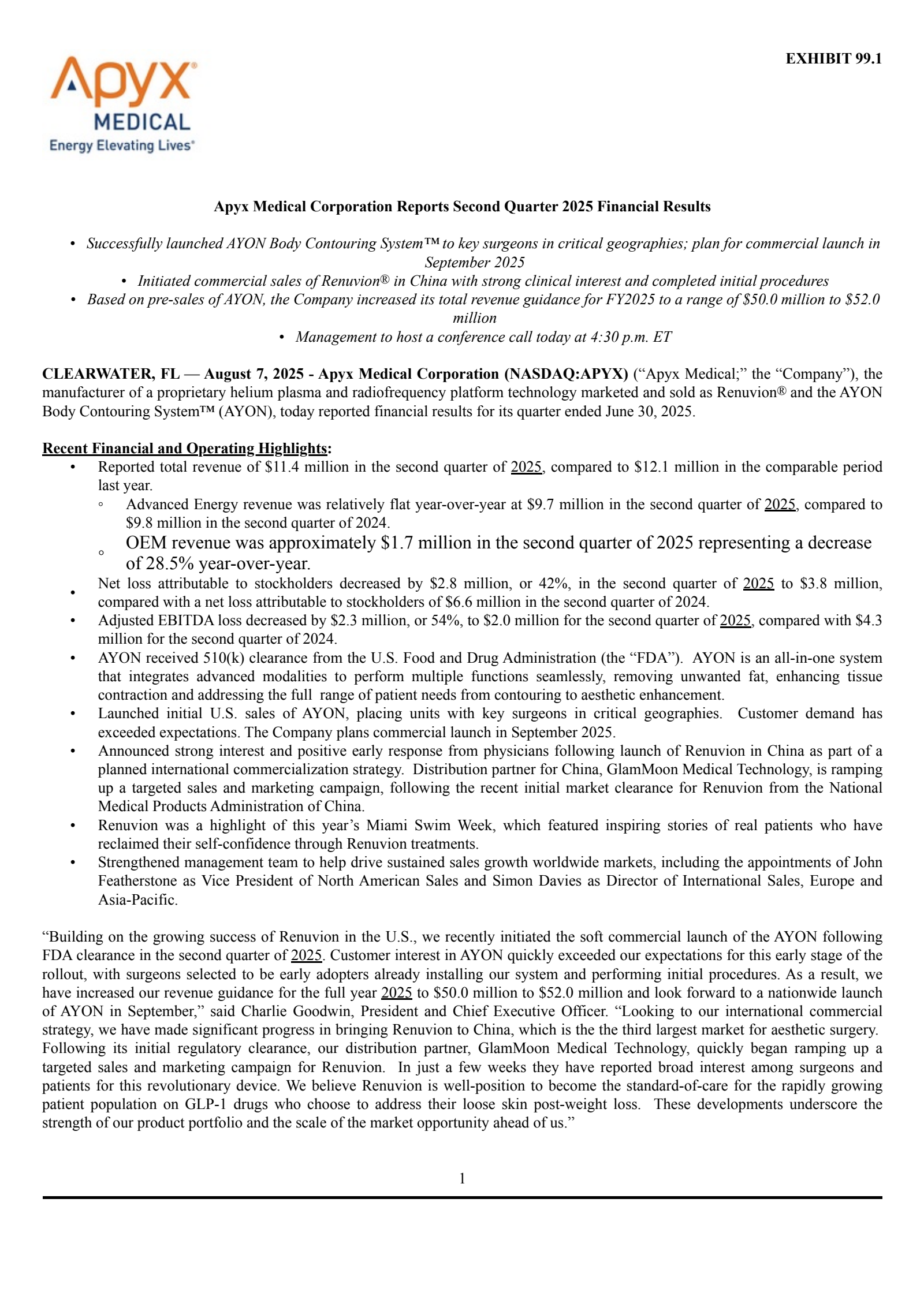 Apyx Medical's Q2 2025 Press Release