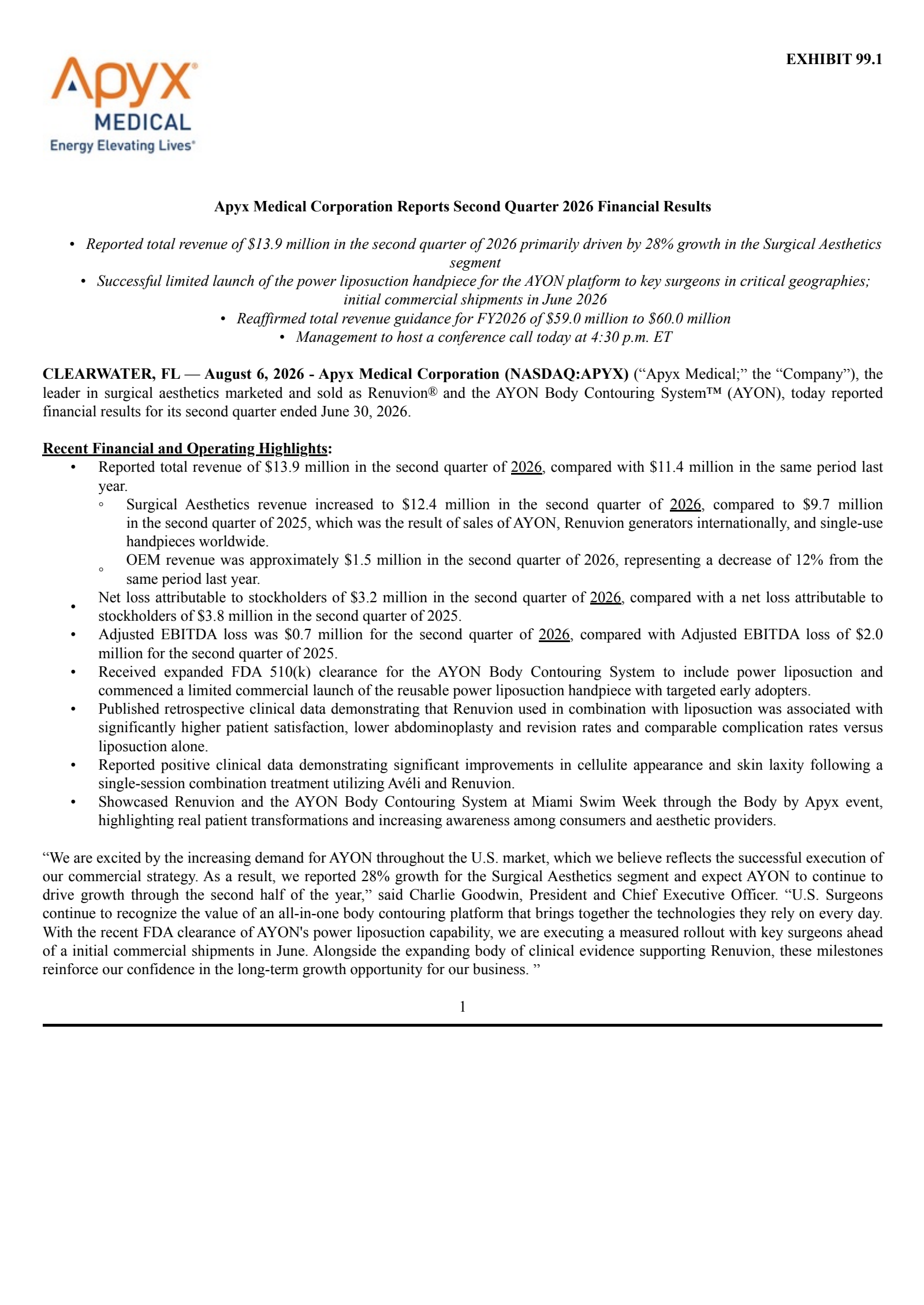 Apyx Medical's Q2 2026 Press Release