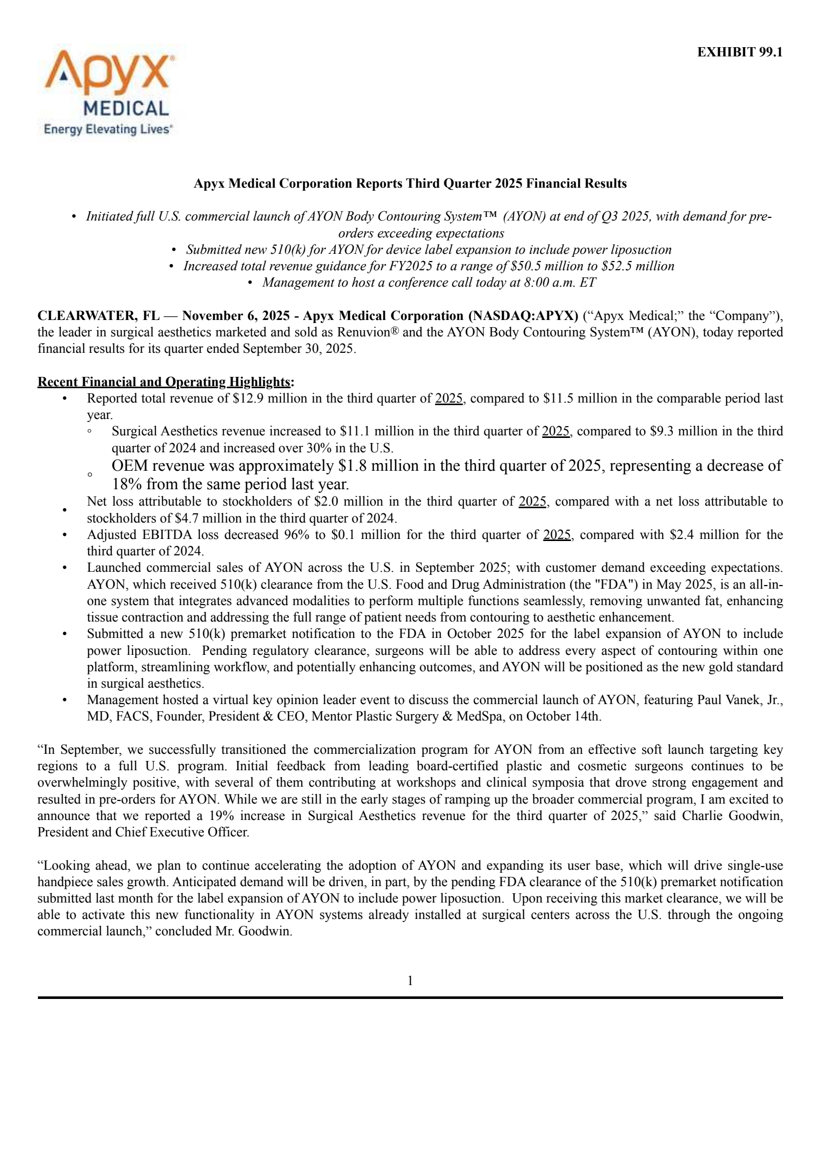 Apyx Medical's Q3 2025 Earnings Release