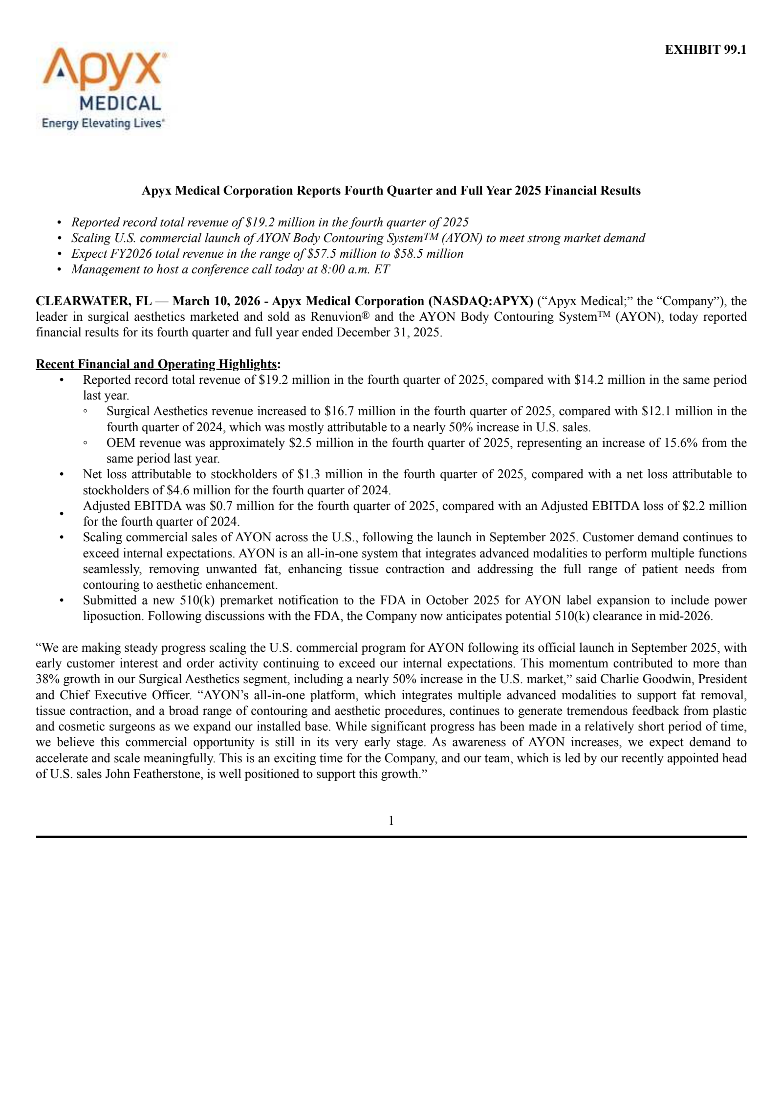 Apyx Medical's Q4 2025 Press Release