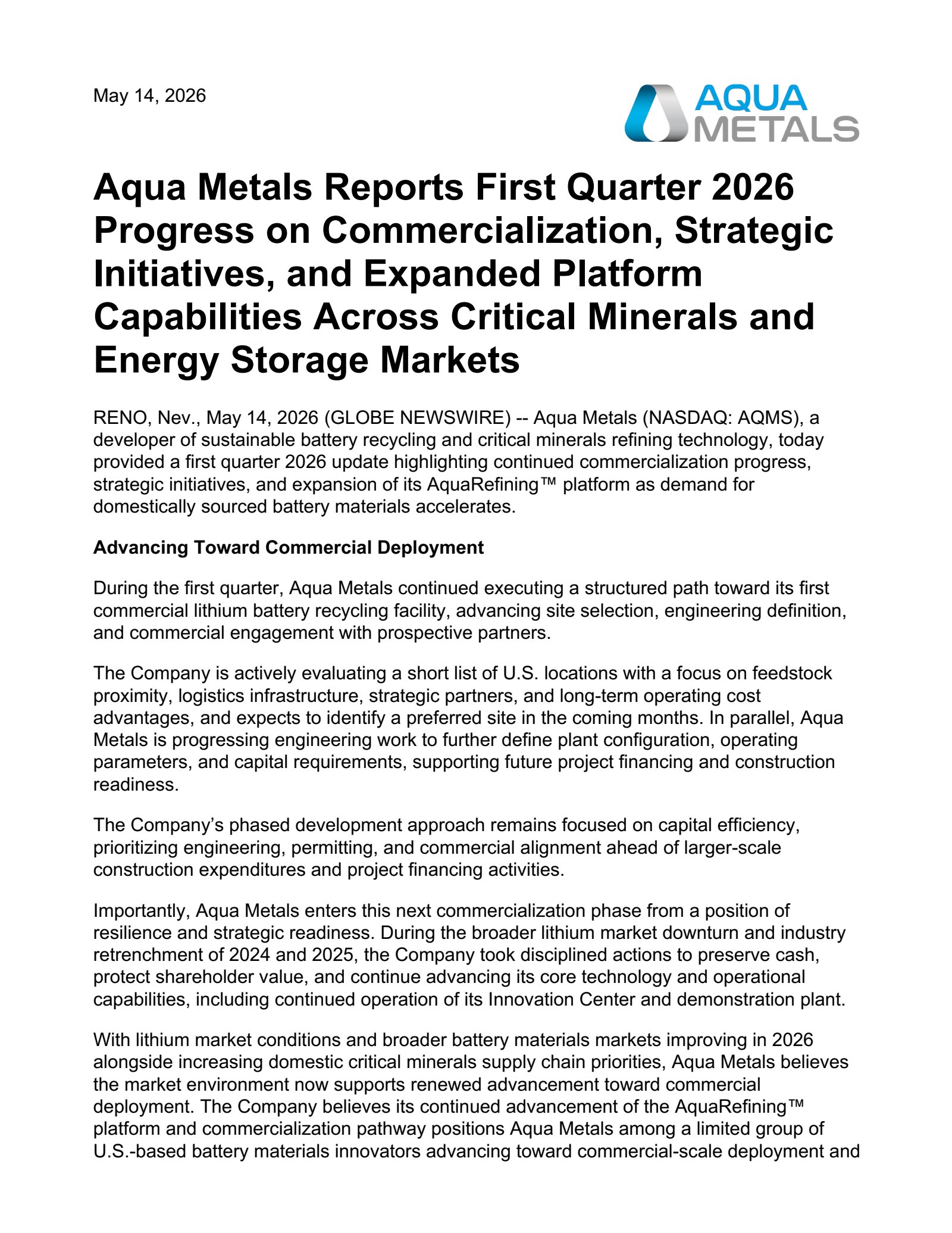 Aqua Metals' Q1 2026 Press Release
