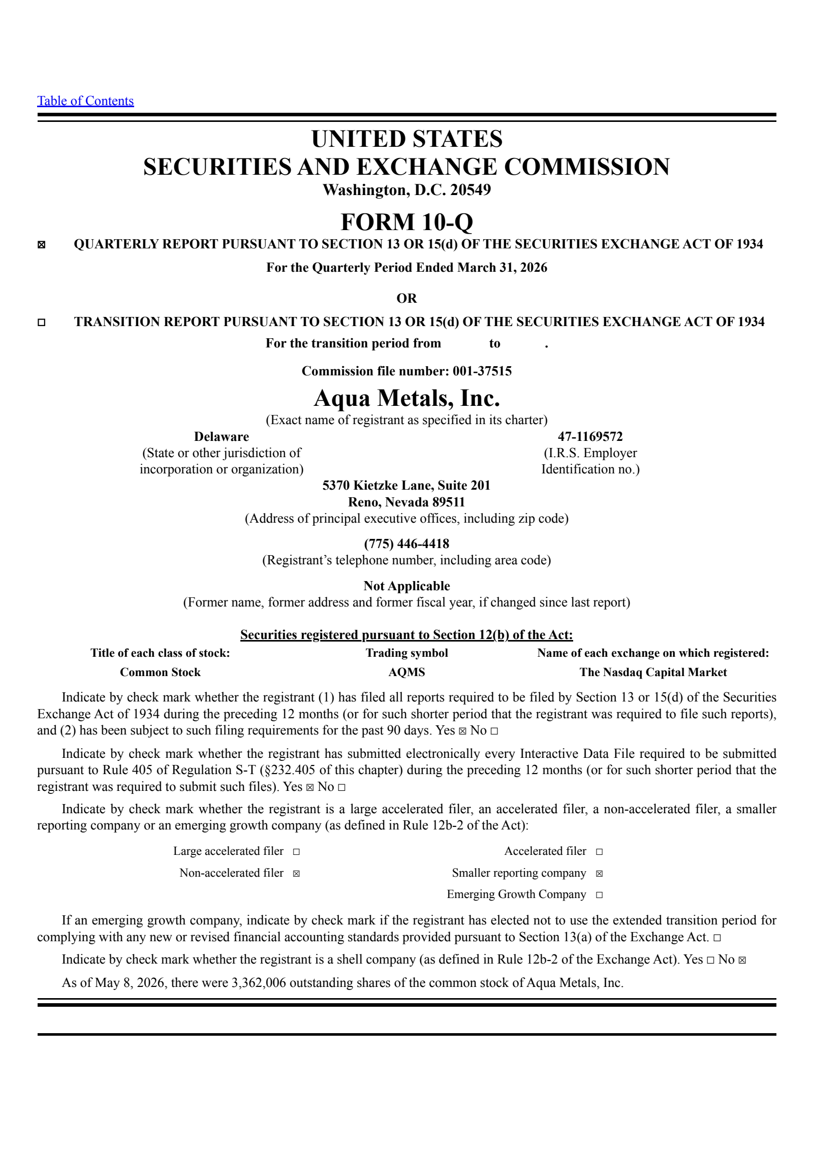 Aqua Metals' Q1 2026 Quarterly report