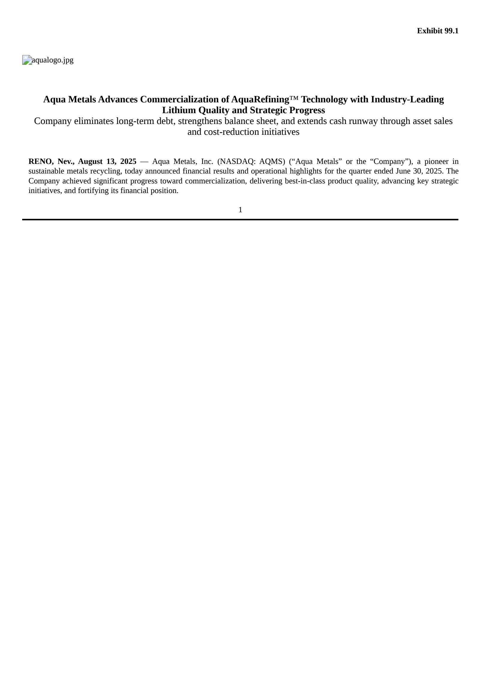 Aqua Metals' Q2 2025 Press Release