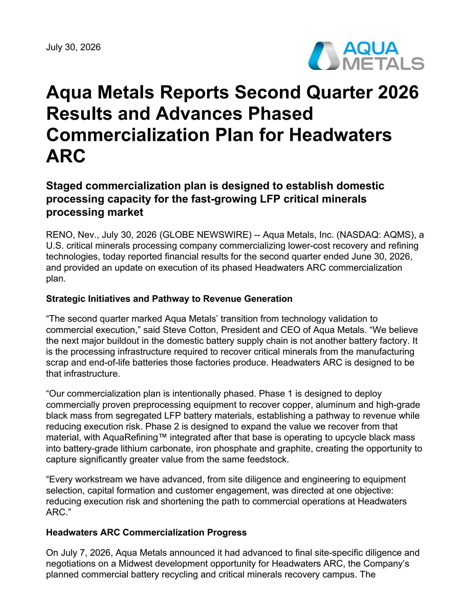 Aqua Metals' Q2 2026 Press Release