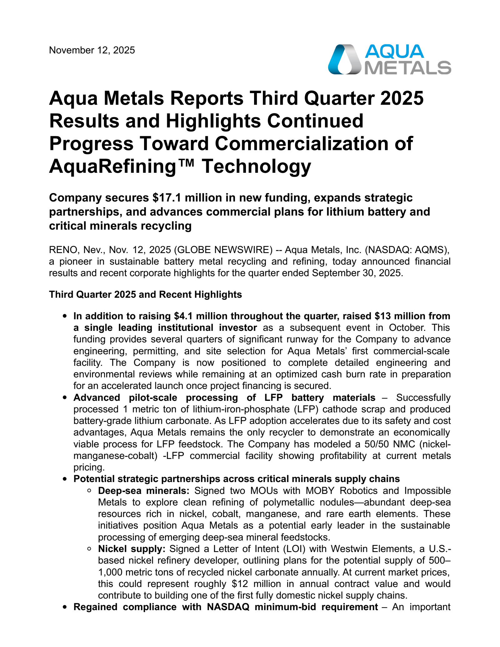 Aqua Metals' Q3 2025 Earnings Release
