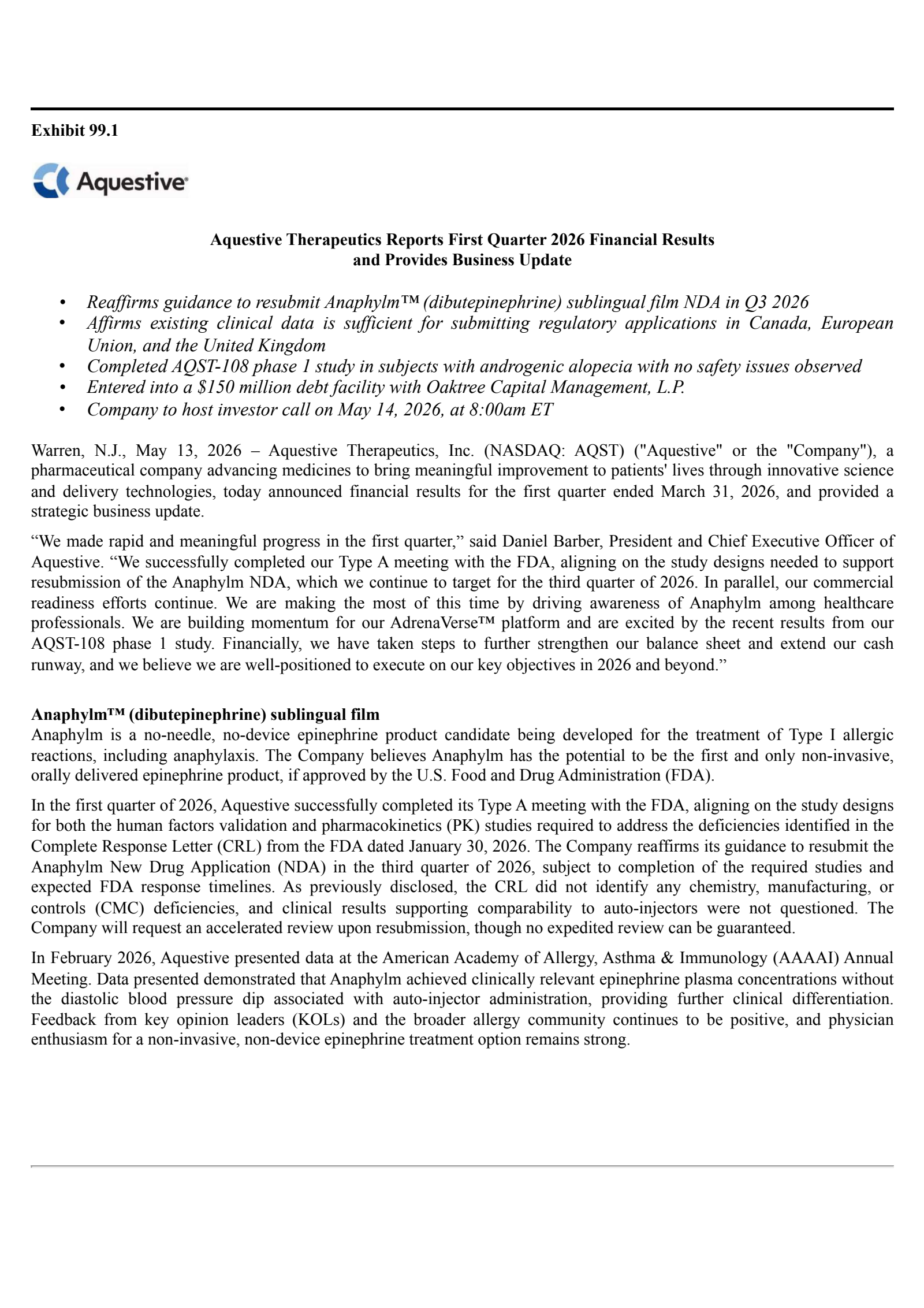 Aquestive Therapeutics' Q1 2026 Press Release