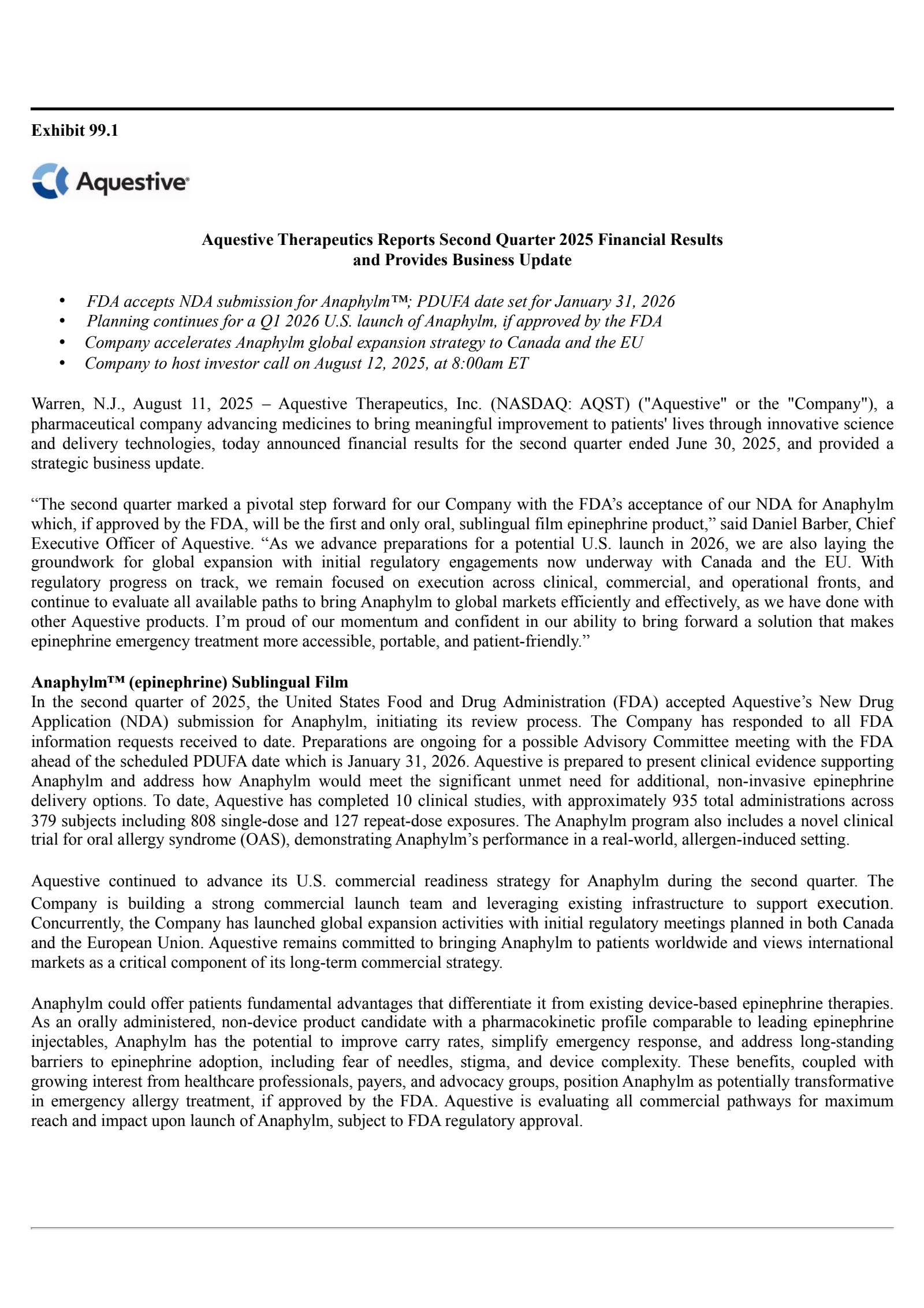 Aquestive Therapeutics' Q2 2025 Press Release