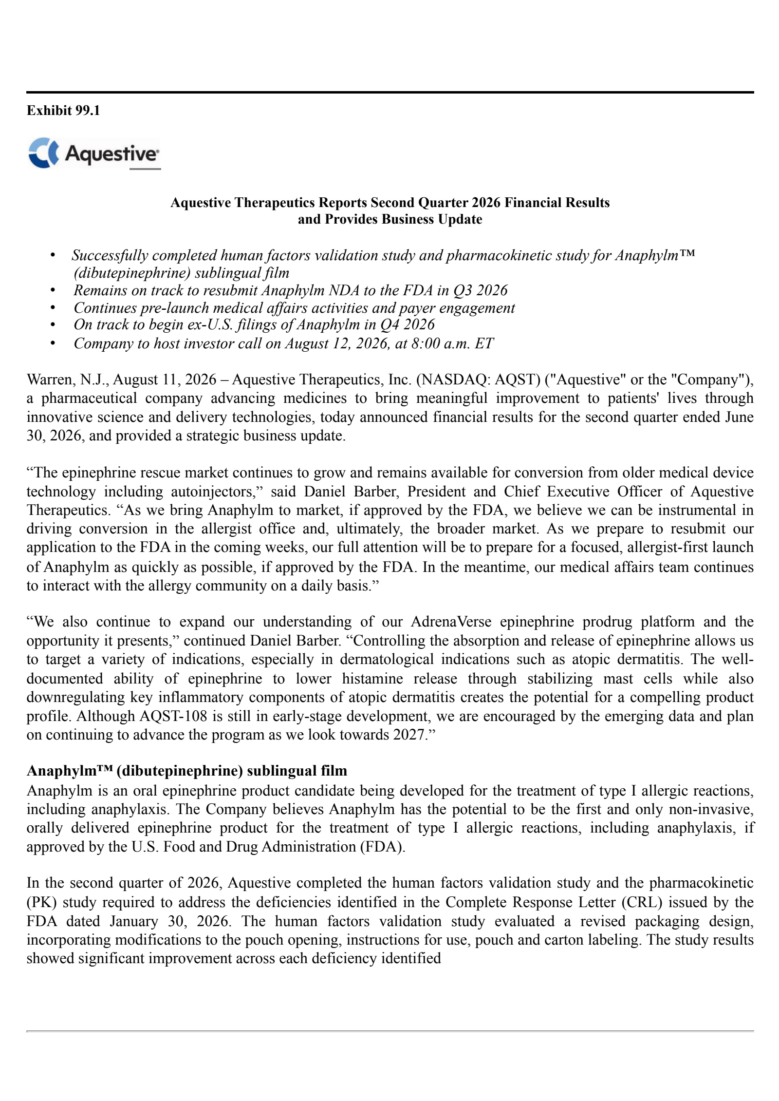 Aquestive Therapeutics' Q2 2026 Press Release