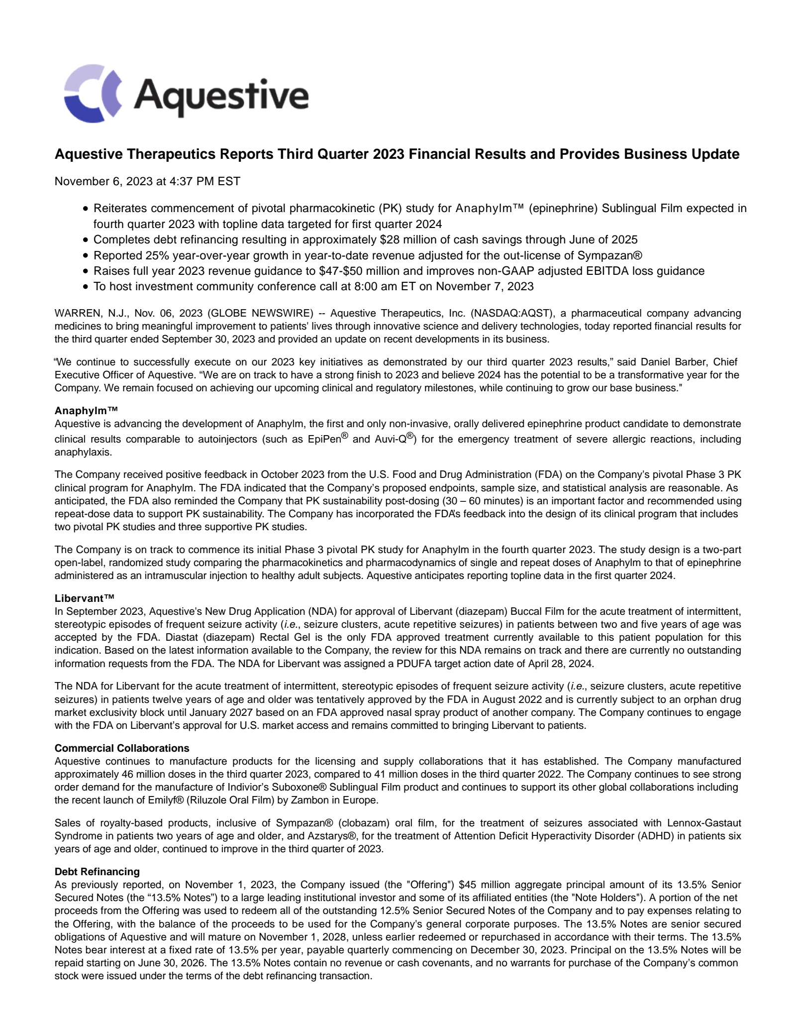 Aquestive Therapeutics' Q3 2023 Press Release