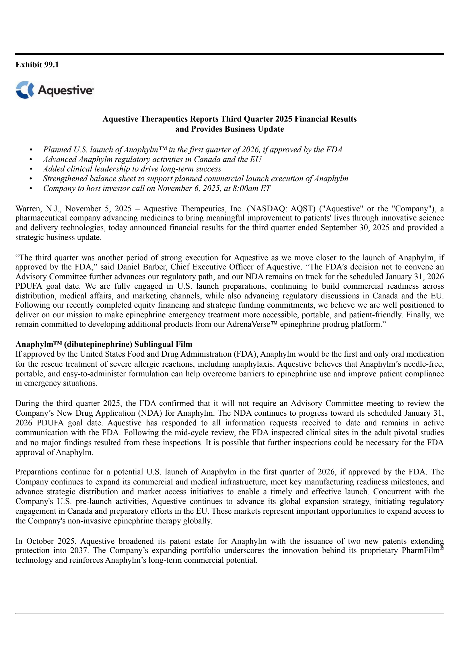 Aquestive Therapeutics' Q3 2025 Earnings Release
