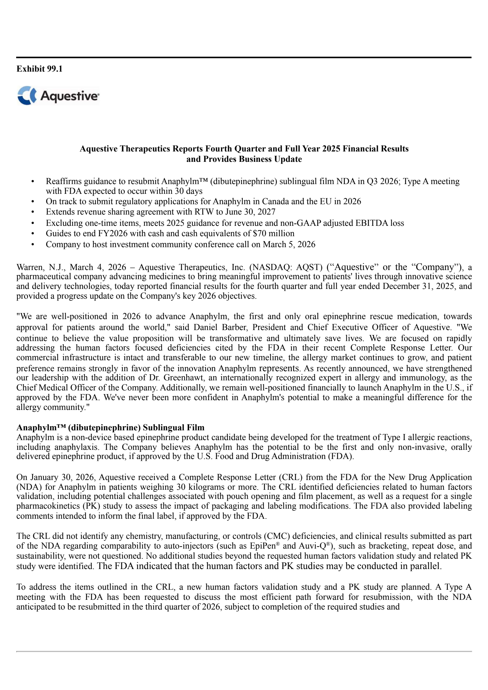 Aquestive Therapeutics' Q4 2025 Press Release