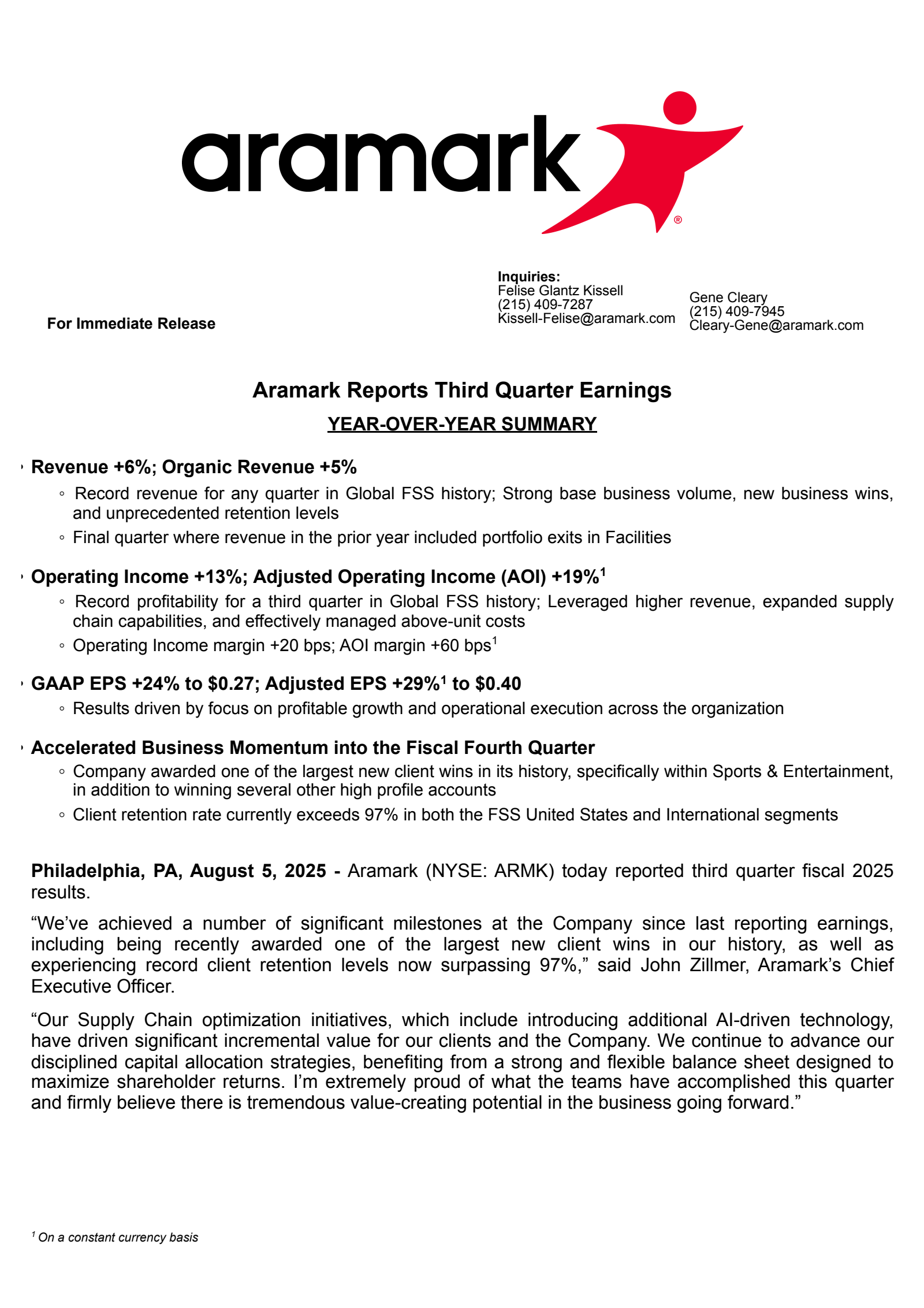 Aramark's Q3 2025 Press Release