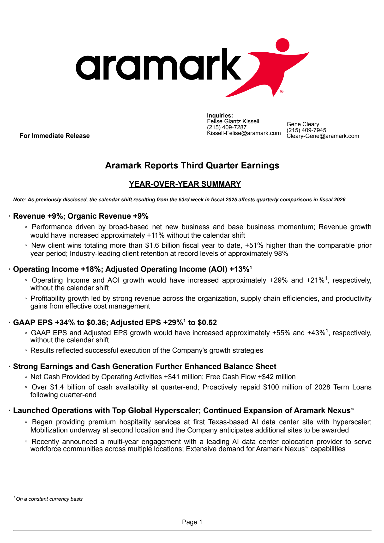 Aramark's Q3 2026 Press Release