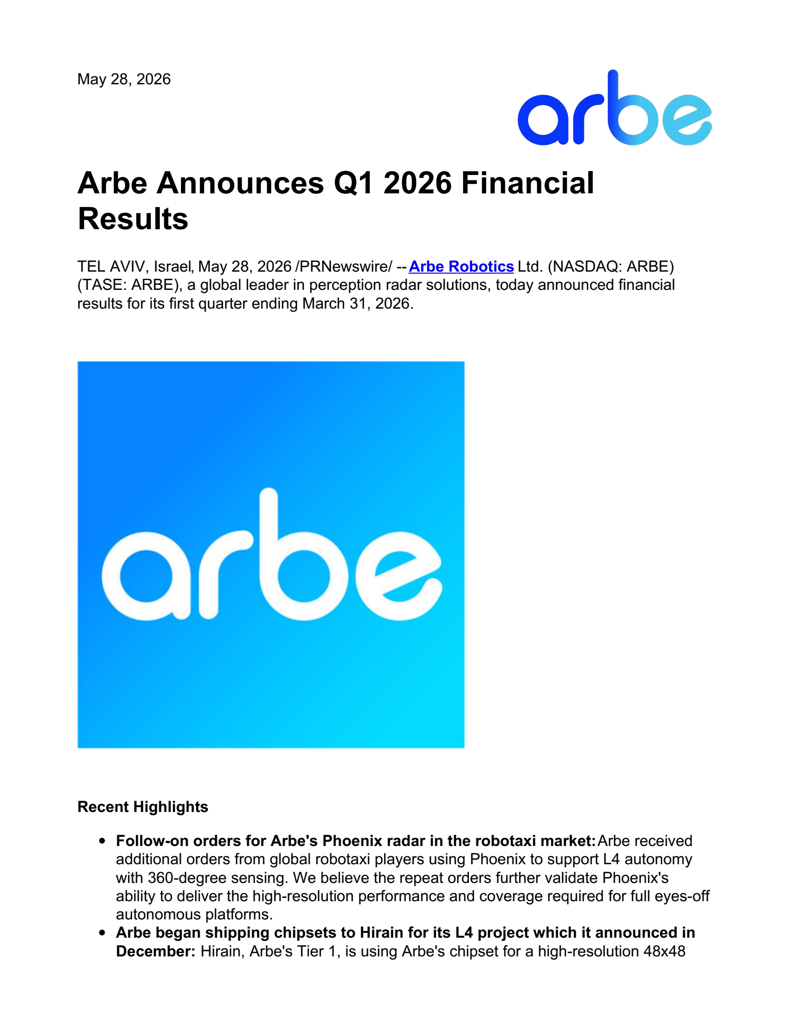 Arbe Robotics' Q1 2026 Press Release
