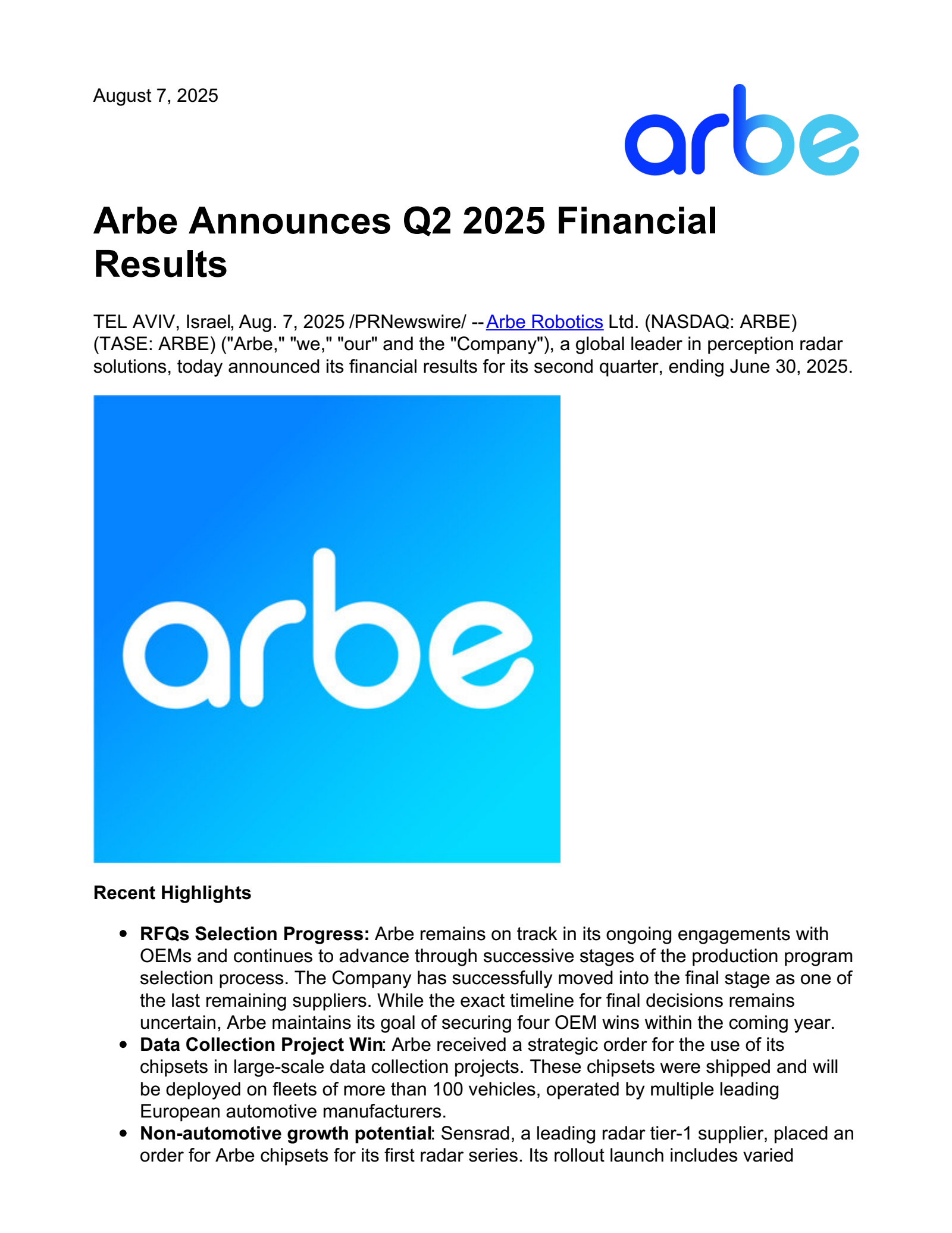 Arbe Robotics' Q2 2025 Press Release