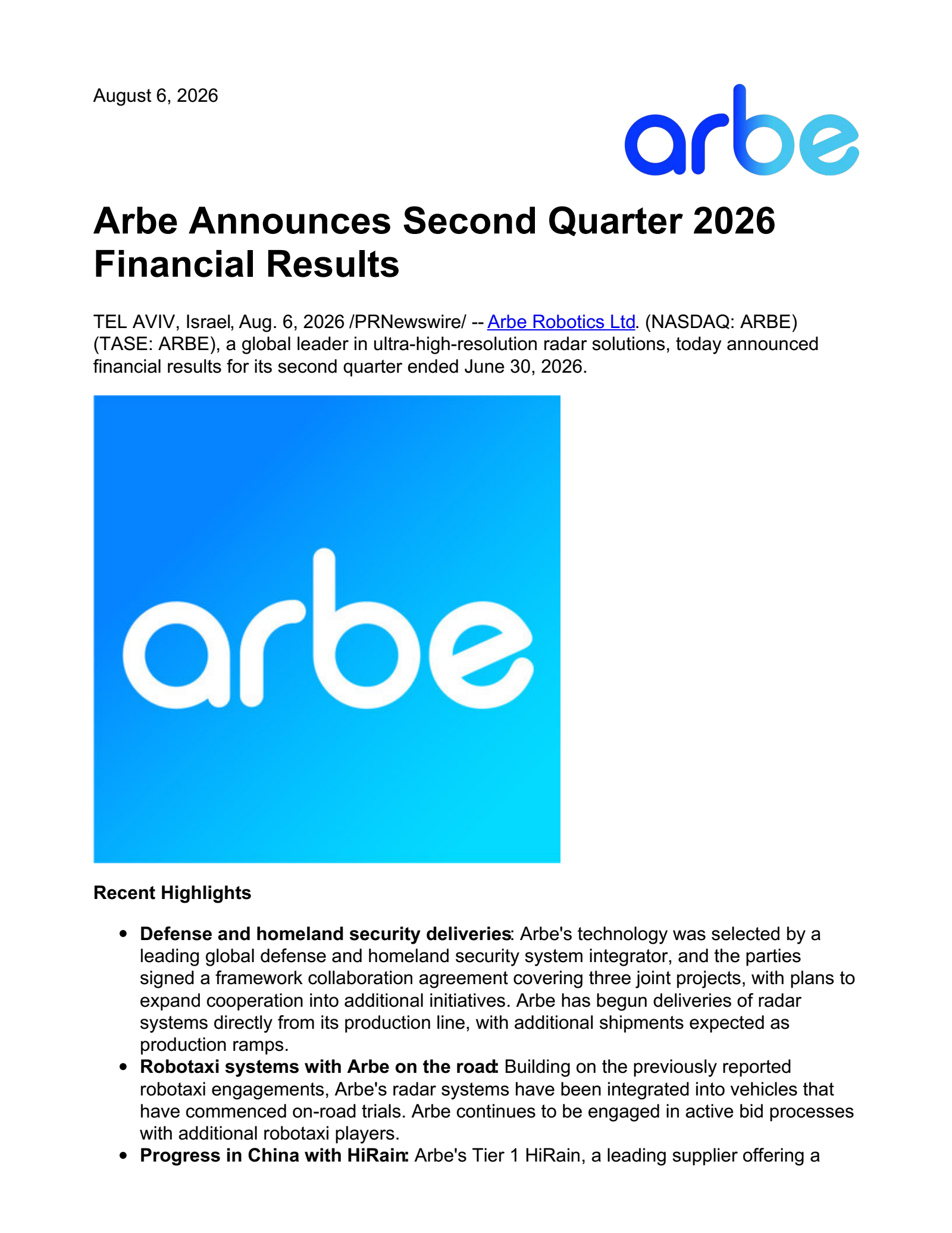 Arbe Robotics' Q2 2026 Press Release