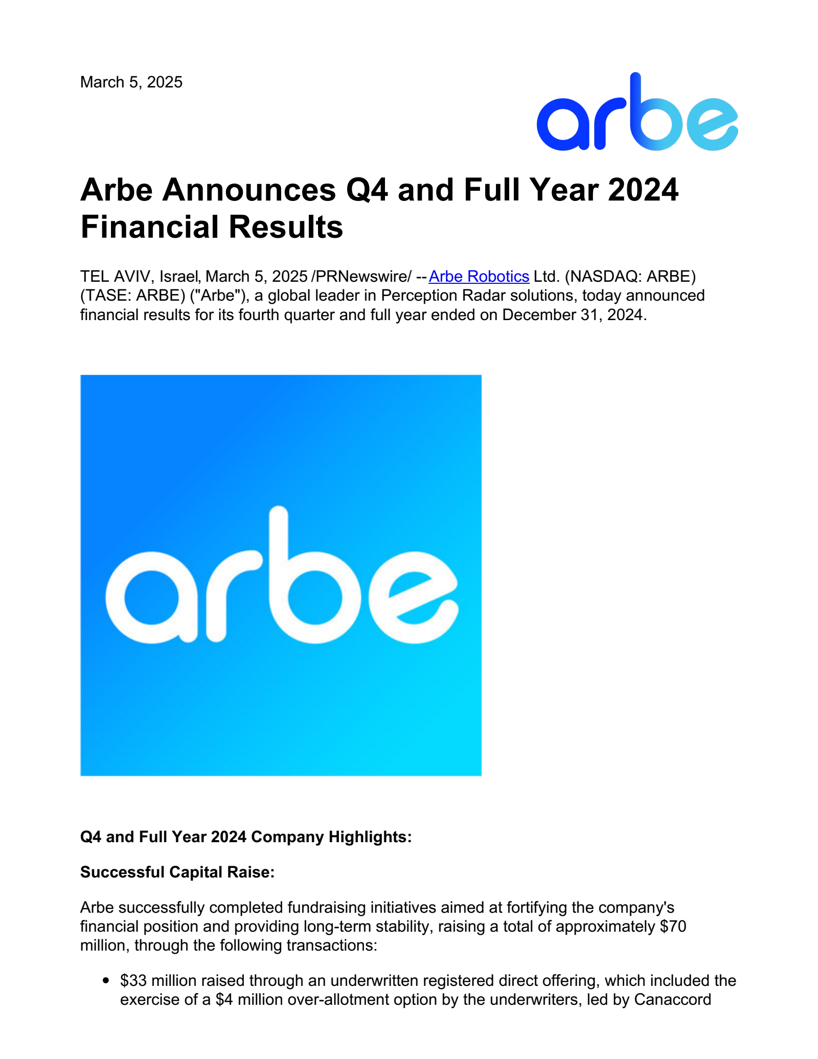 Arbe Robotics' Q4 2024 Press Release