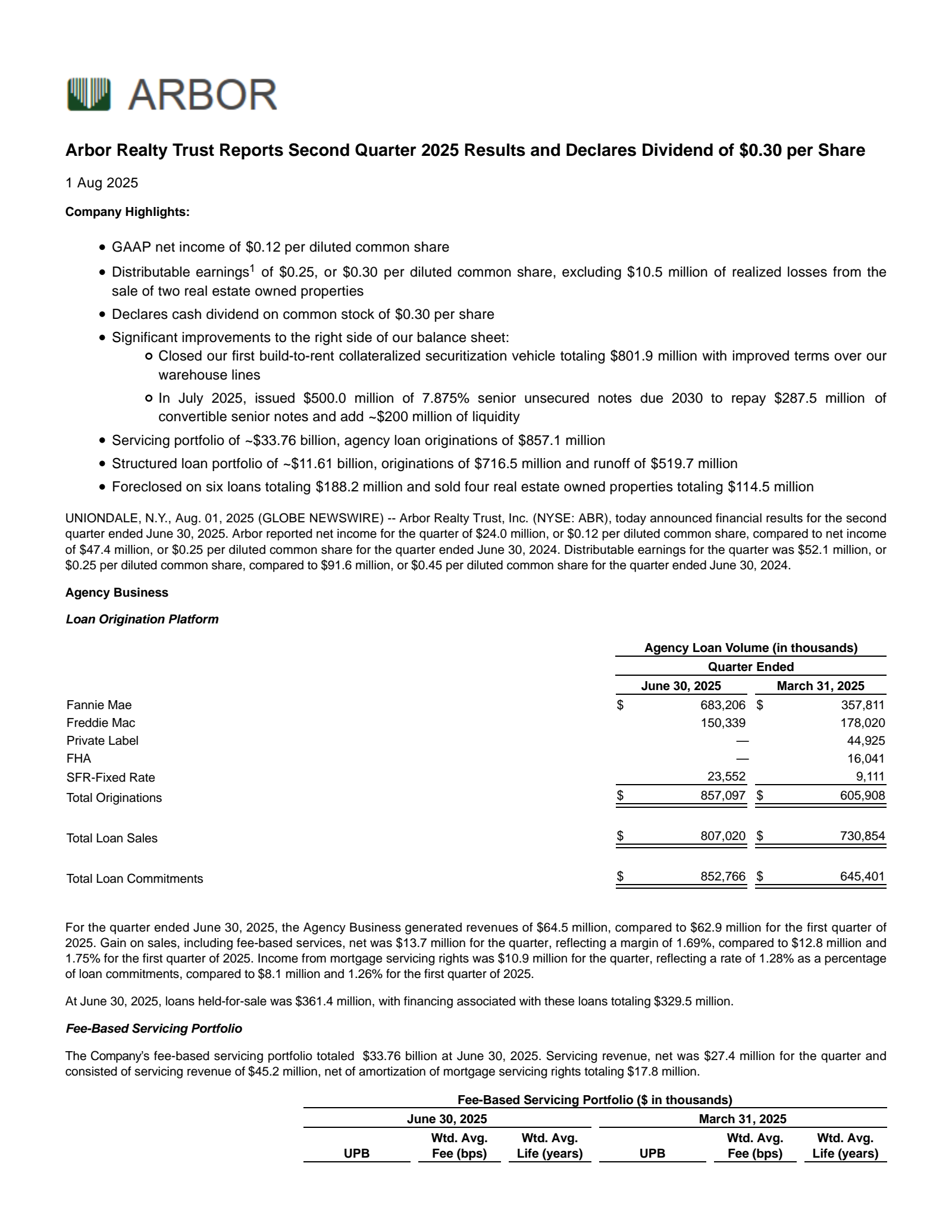 Arbor Realty Trust's Q2 2025 Press Release