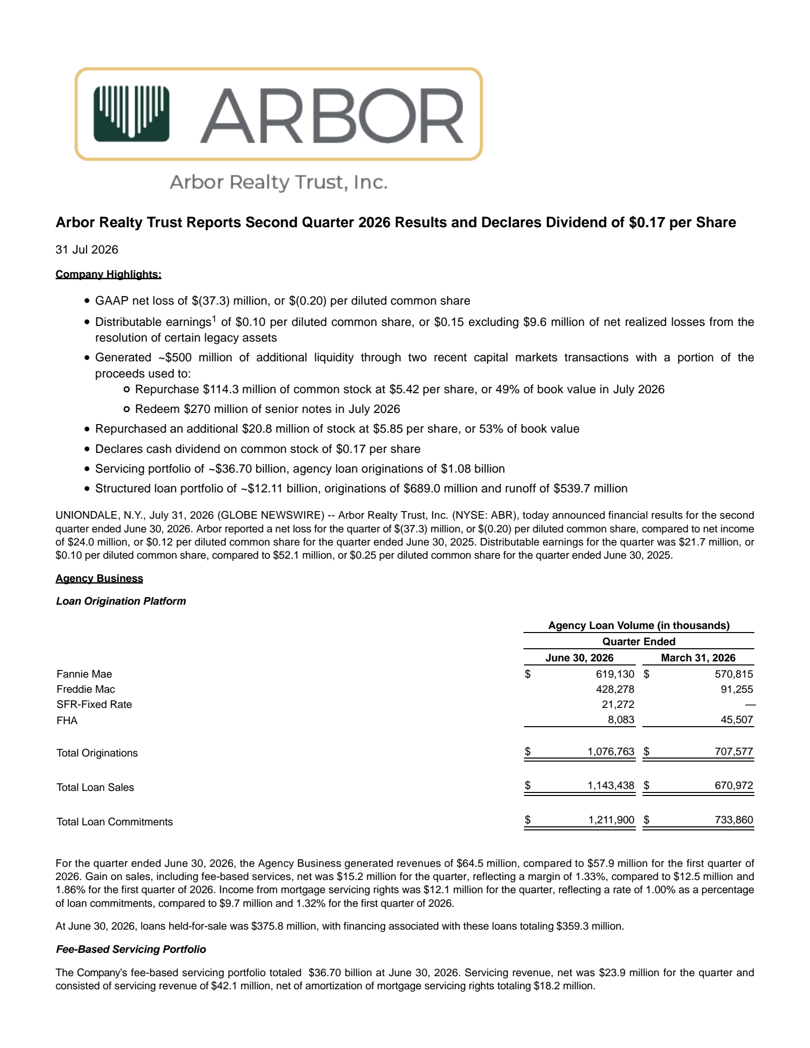 Arbor Realty Trust's Q2 2026 Press Release
