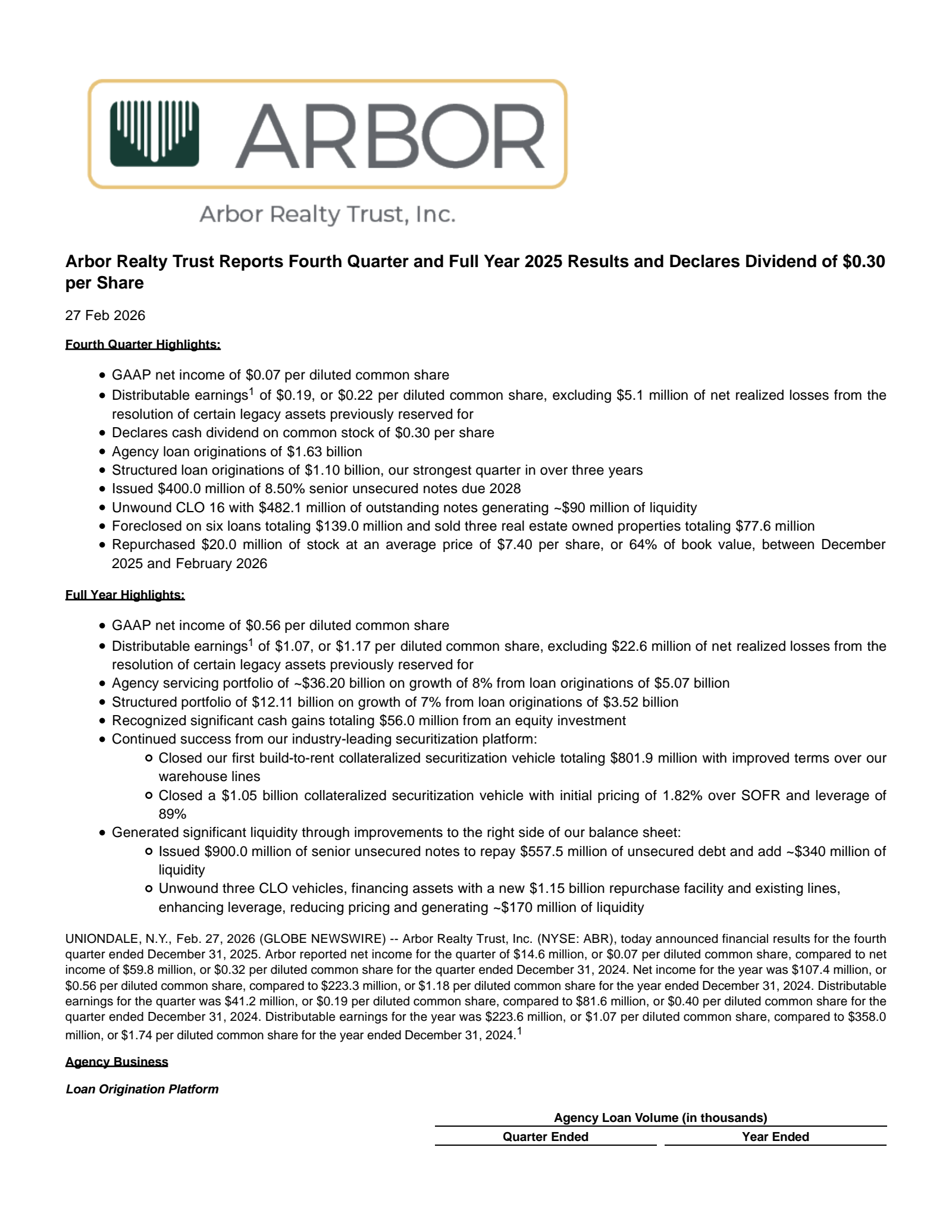 Arbor Realty Trust's Q4 2025 Press Release