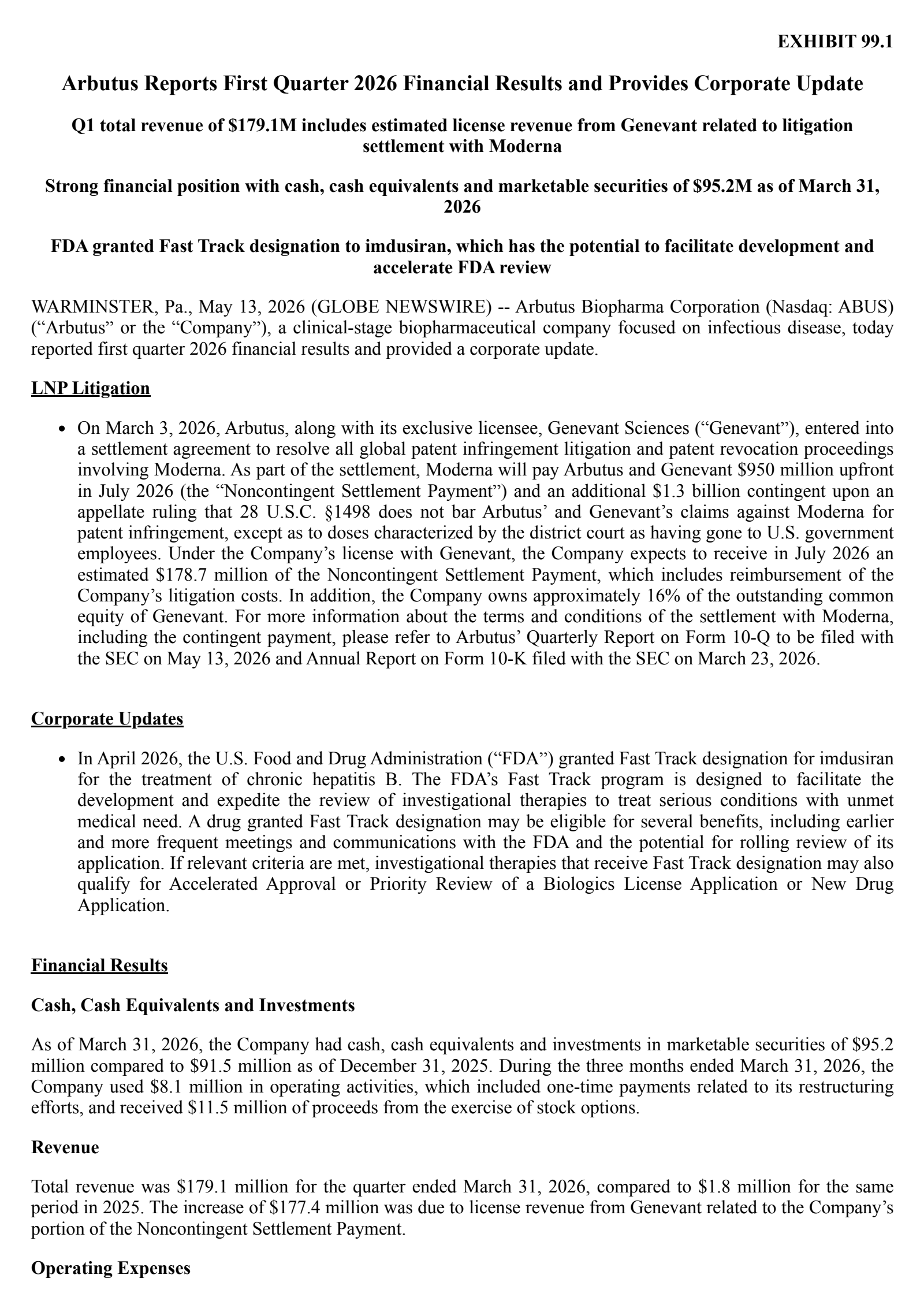 Arbutus Biopharma's Q1 2026 Press Release