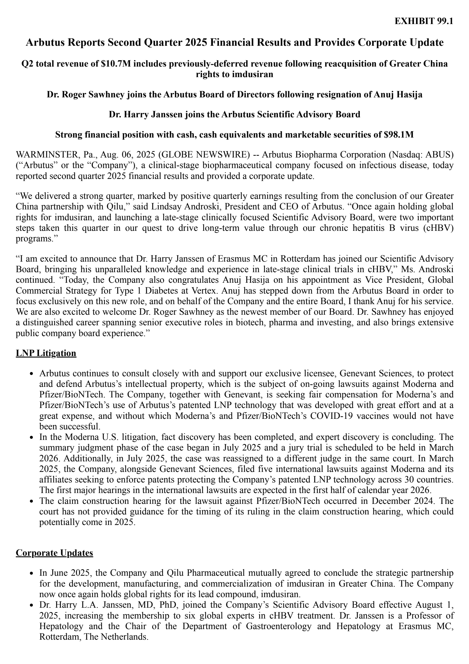 Arbutus Biopharma's Q2 2025 Press Release
