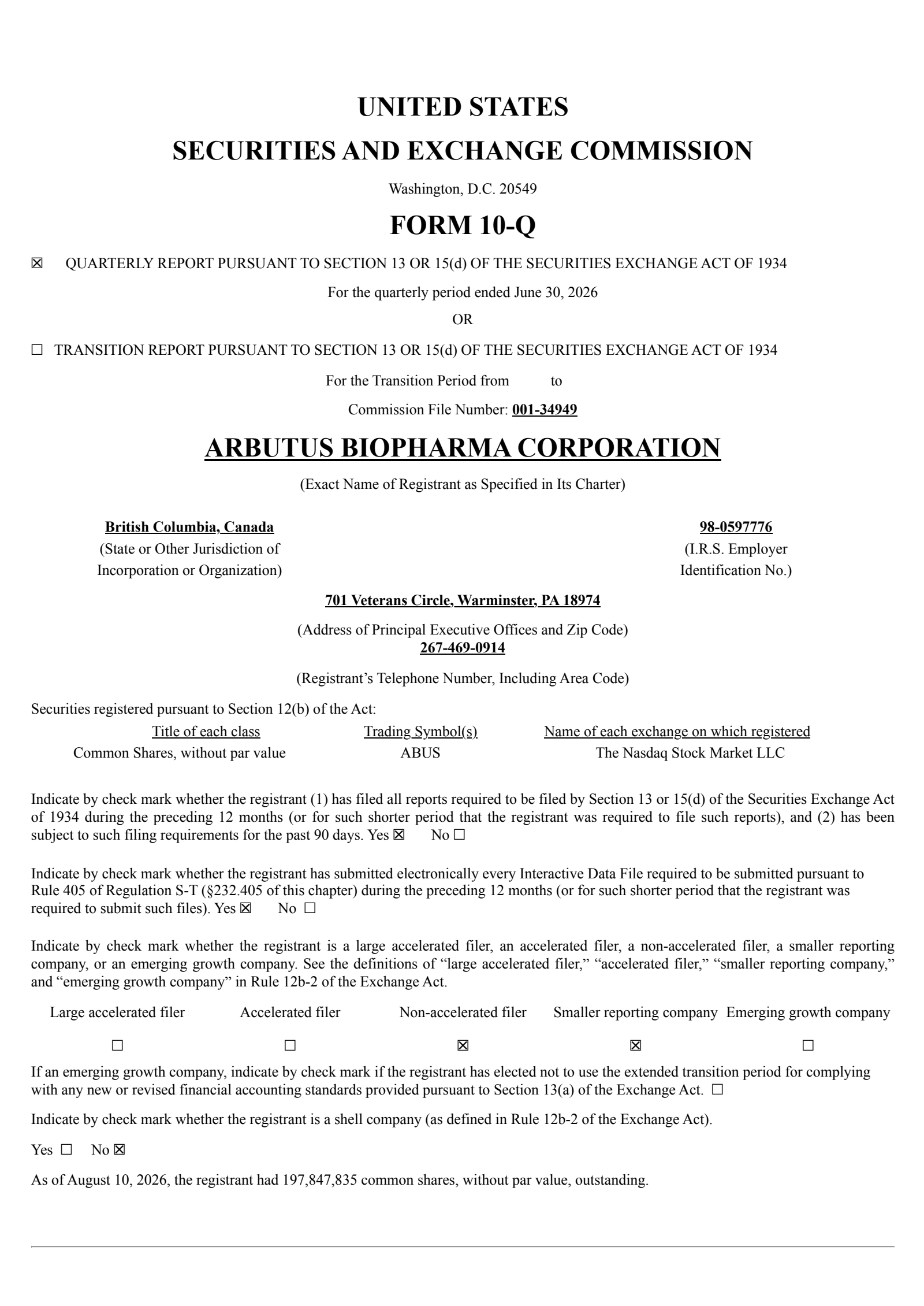 Arbutus Biopharma's Q2 2026 Quarterly report
