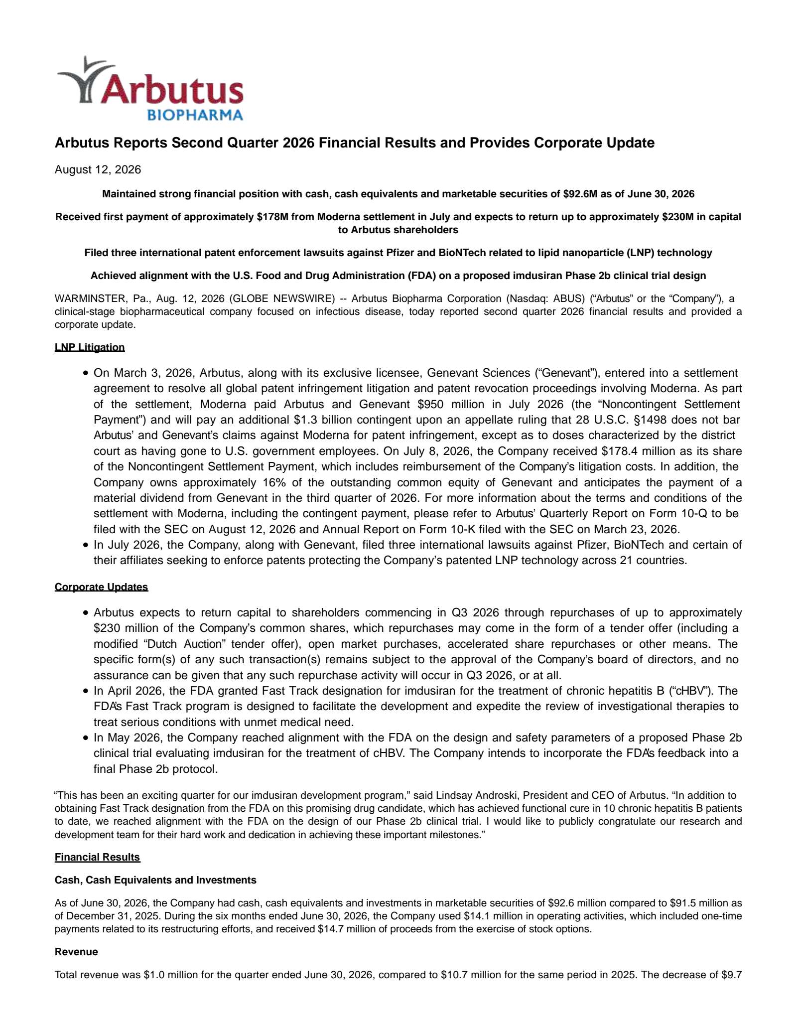 Arbutus Biopharma's Q2 2026 Press Release