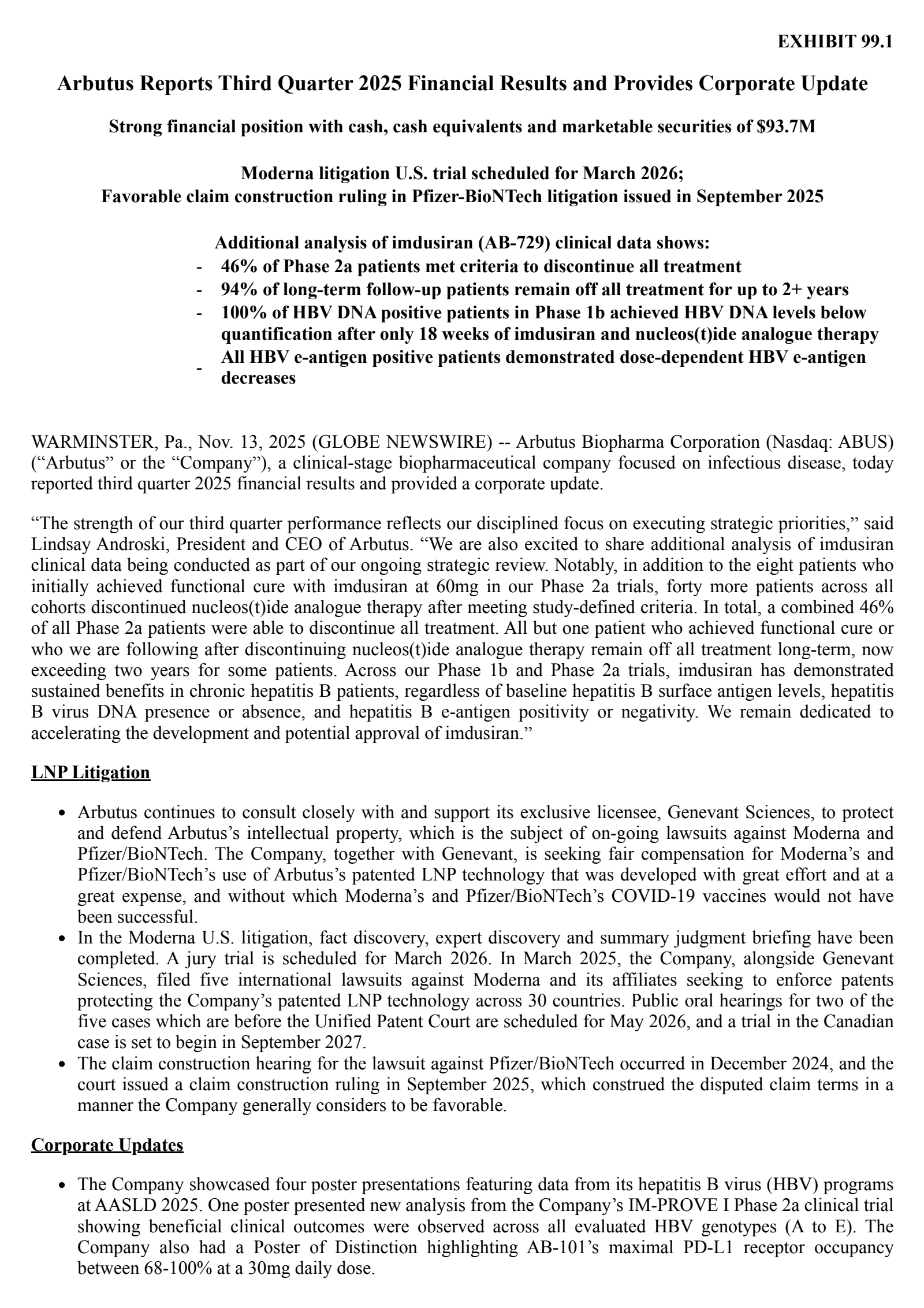 Arbutus Biopharma's Q3 2025 Earnings Release