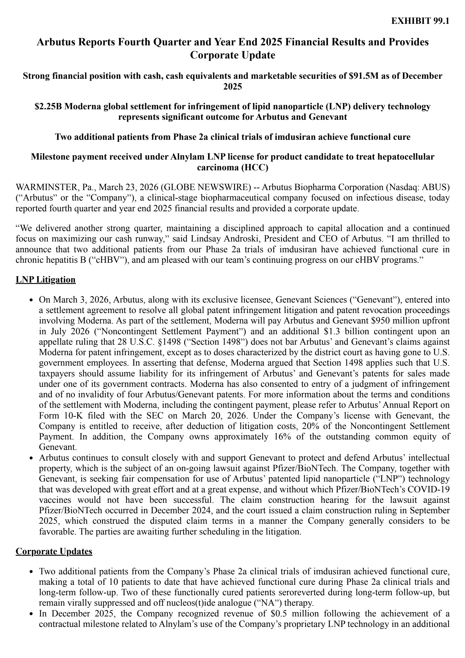 Arbutus Biopharma's Q4 2025 Press Release