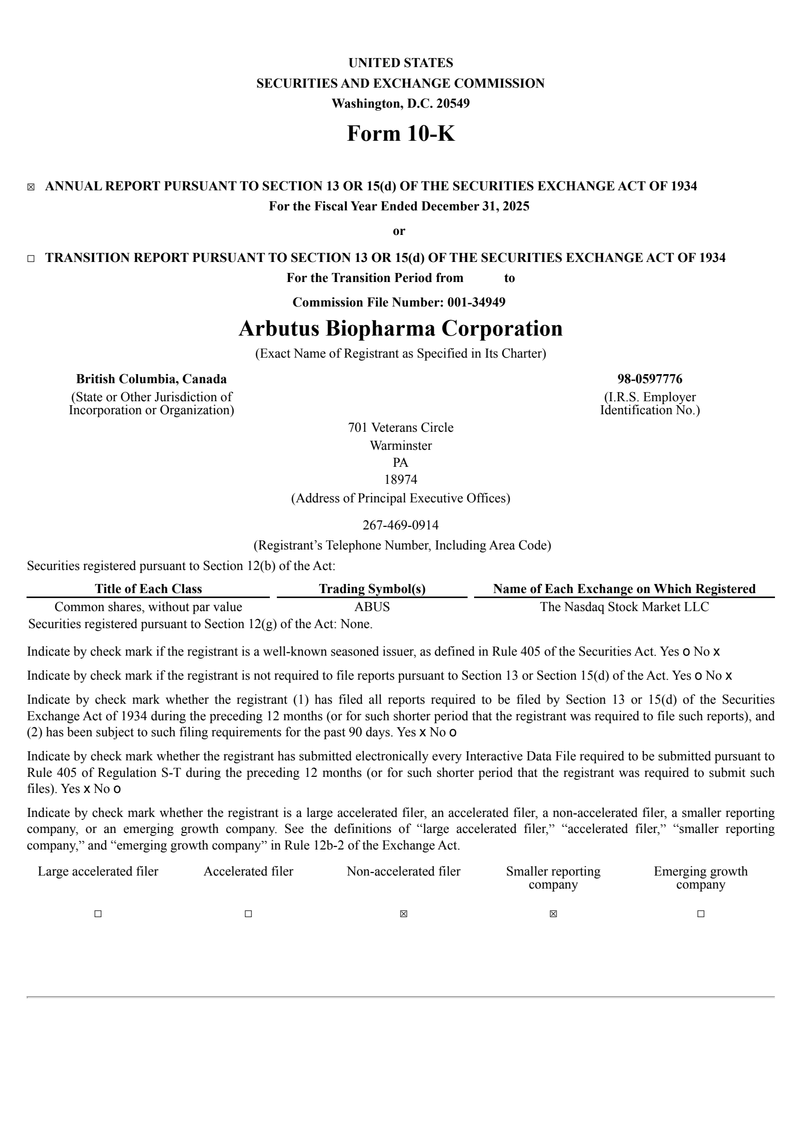 Arbutus Biopharma's Q4 2025 Annual report