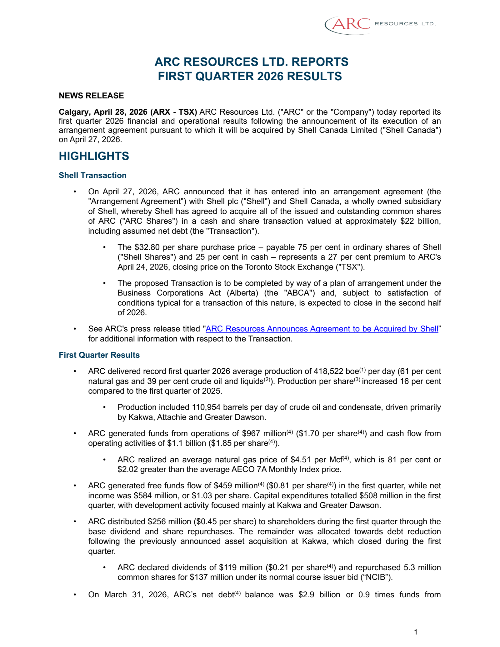 ARC Resources' Q1 2026 Press Release