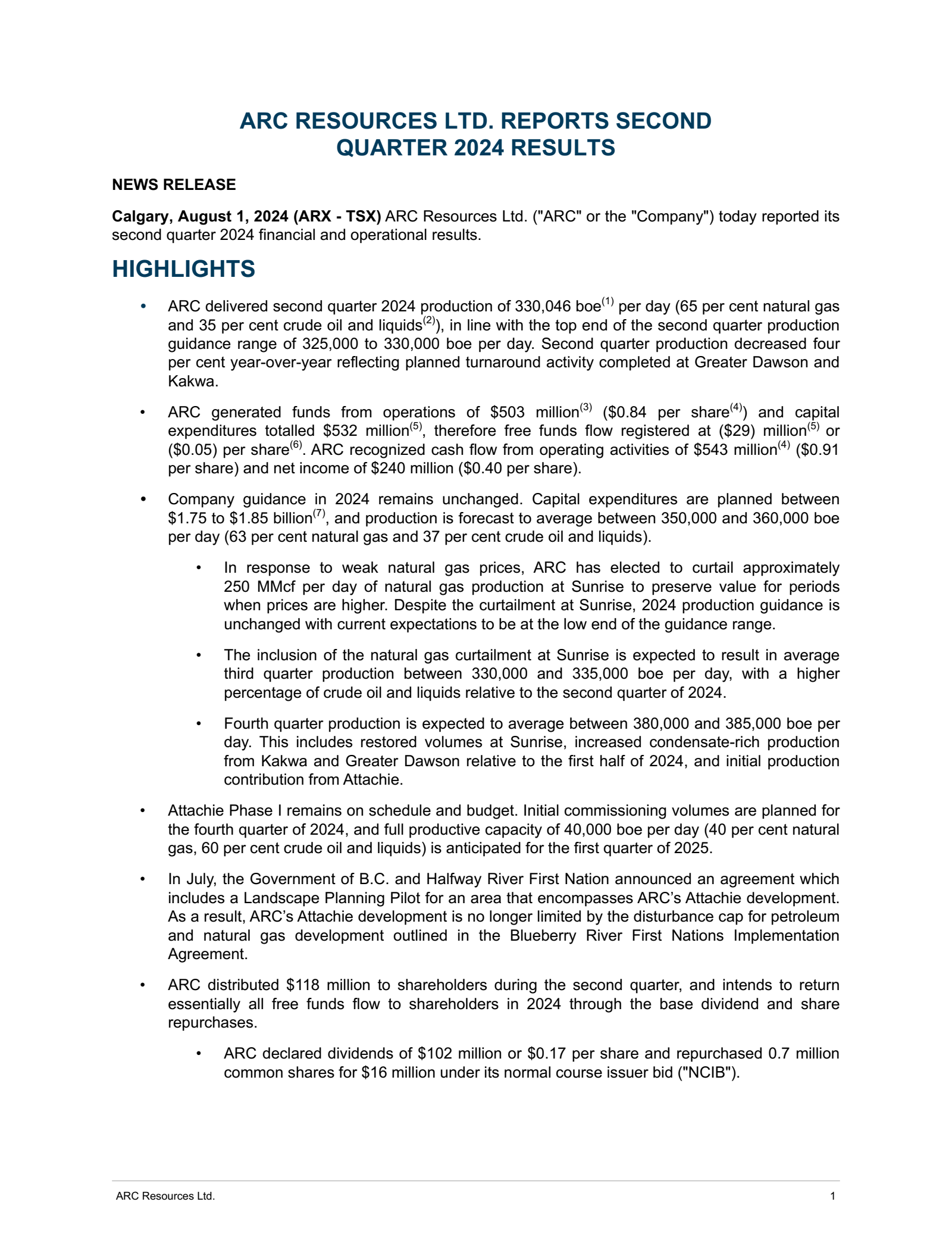 ARC Resources' Q2 2024 Press Release