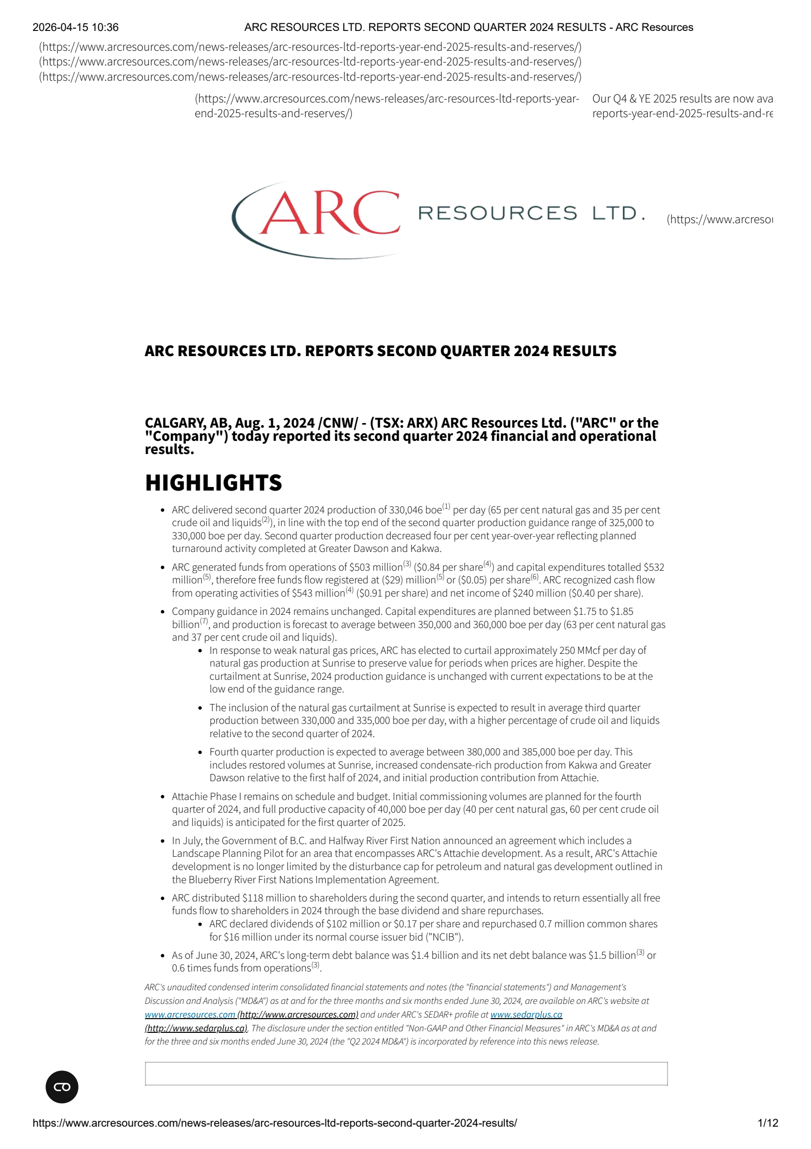 ARC Resources' Q2 2024 Press Release