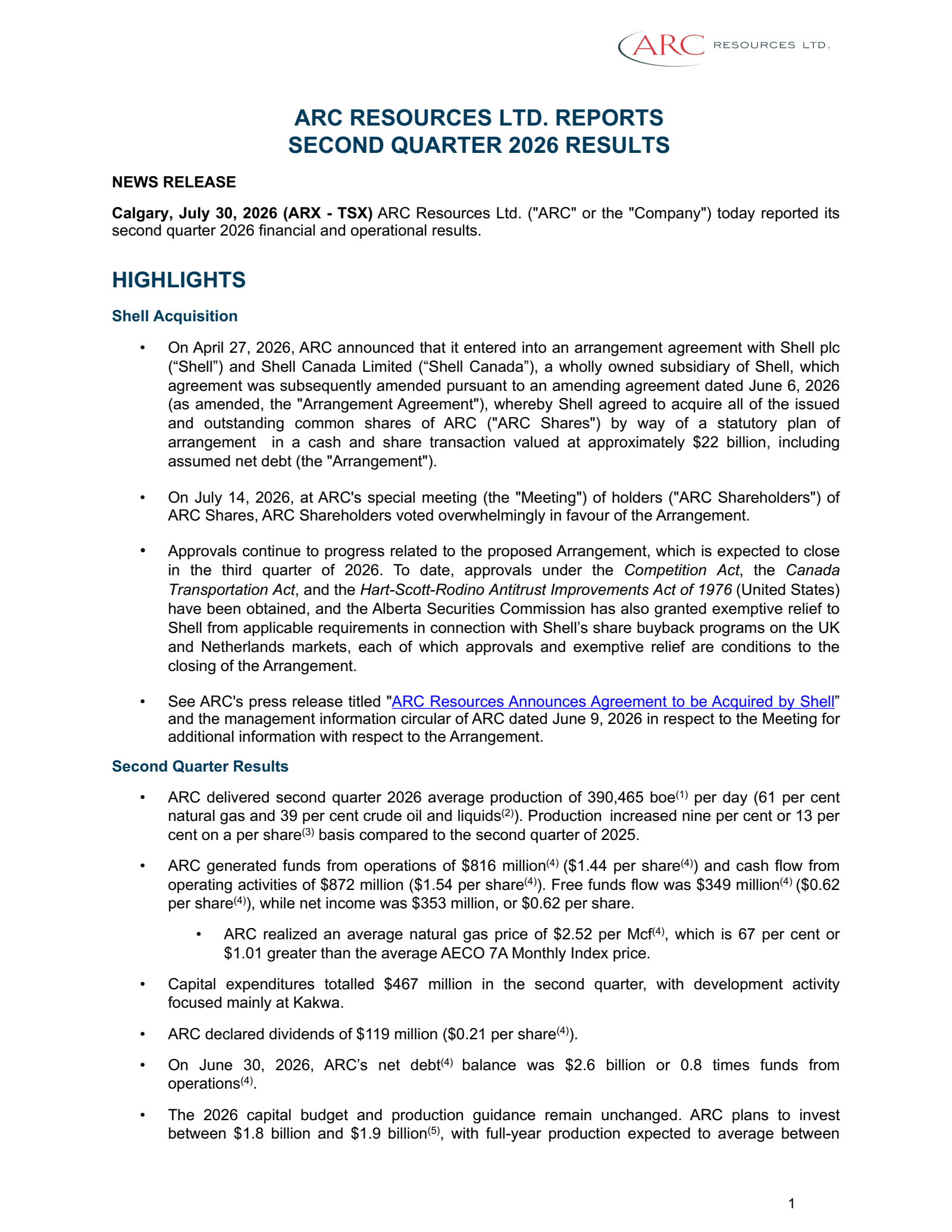 ARC Resources' Q2 2026 Press Release