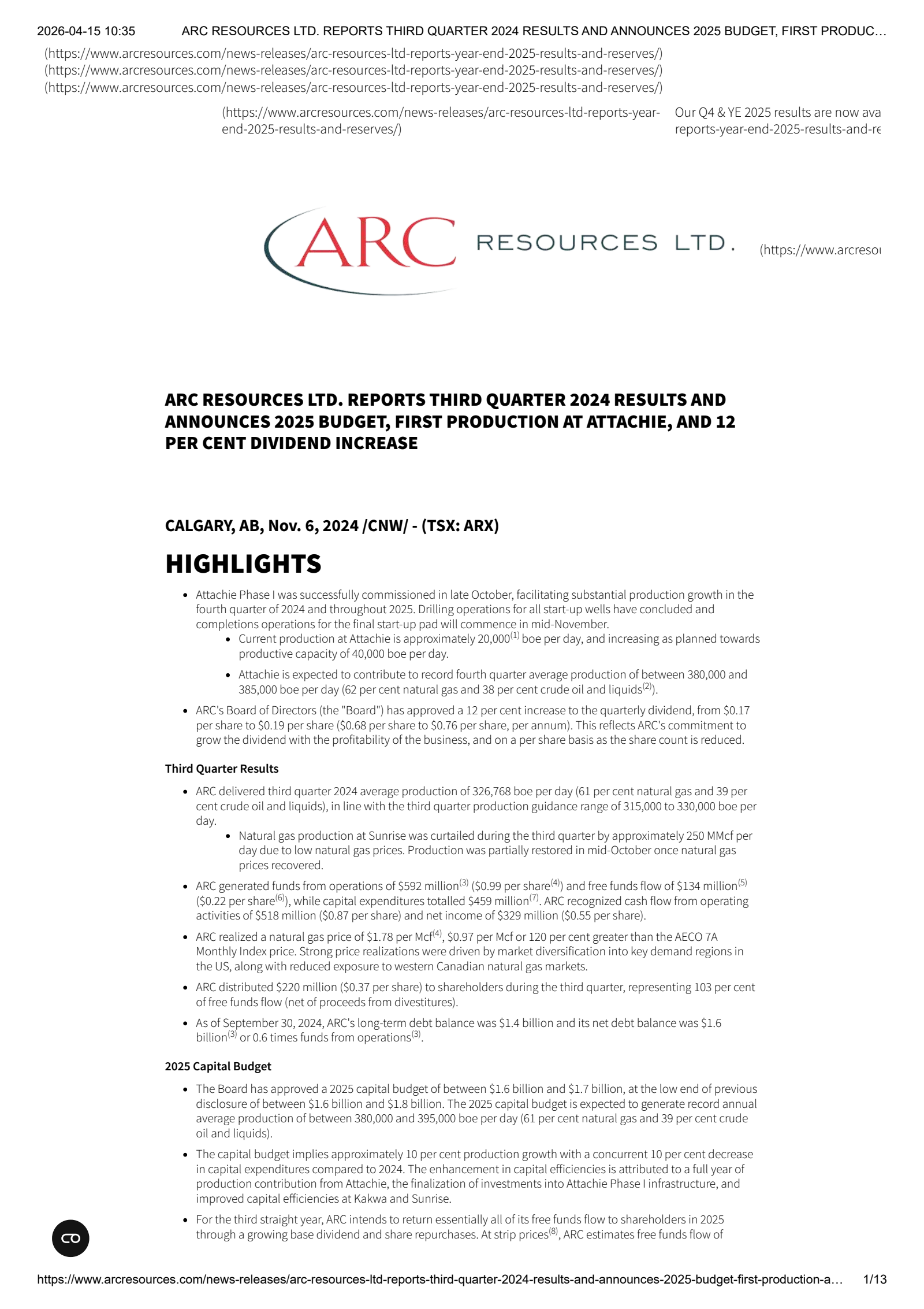 ARC Resources' Q3 2024 Press Release