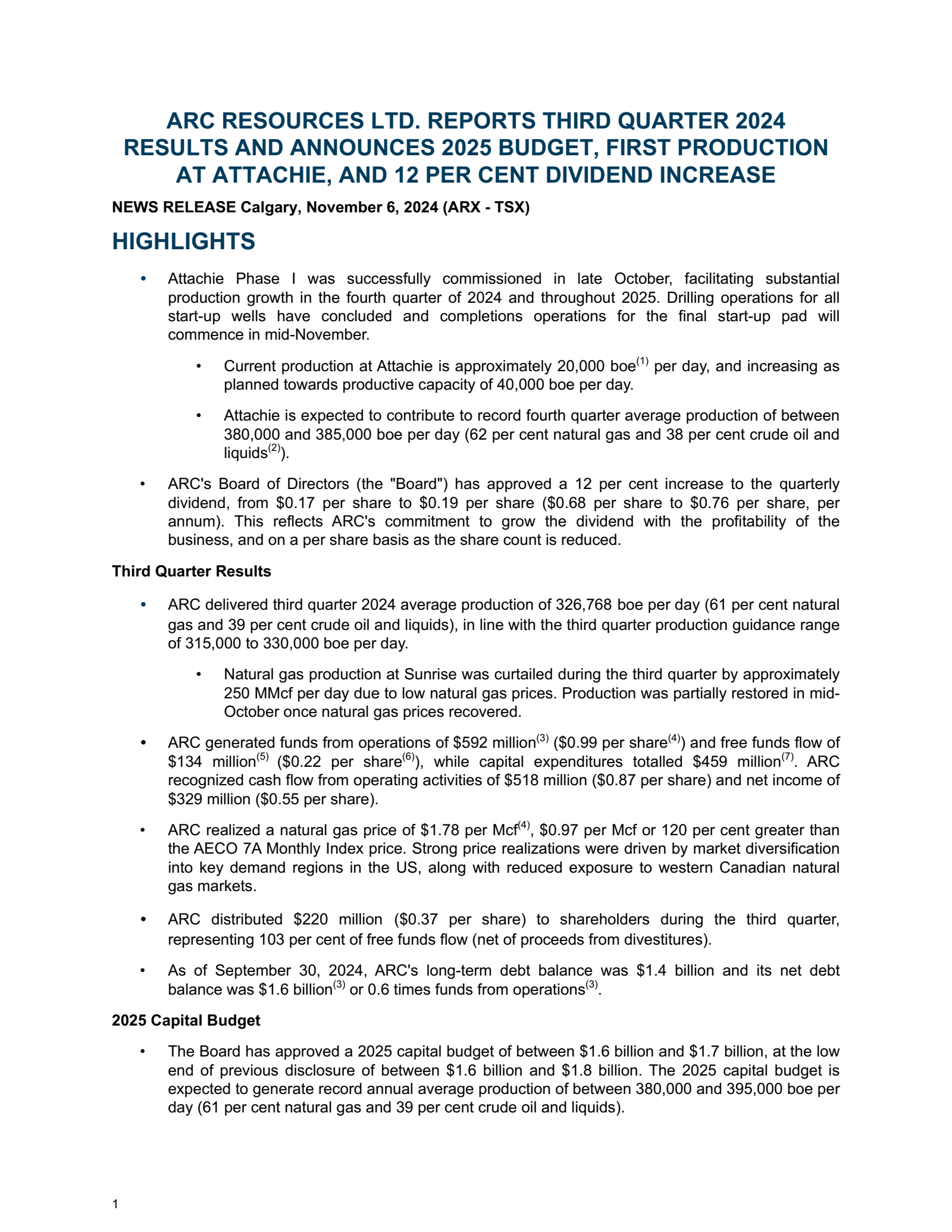 ARC Resources' Q3 2024 Press Release