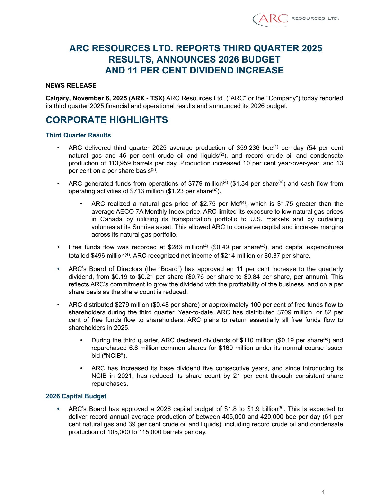 ARC Resources' Q3 2025 Earnings Release