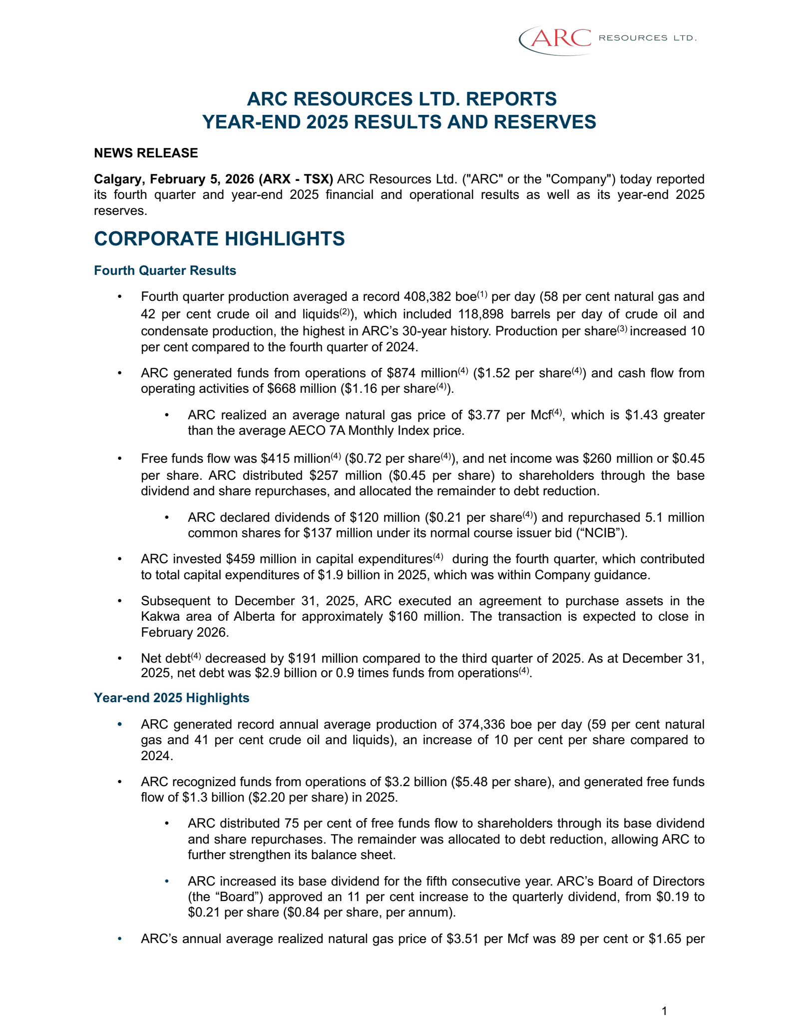 ARC Resources' Q4 2025 Press Release