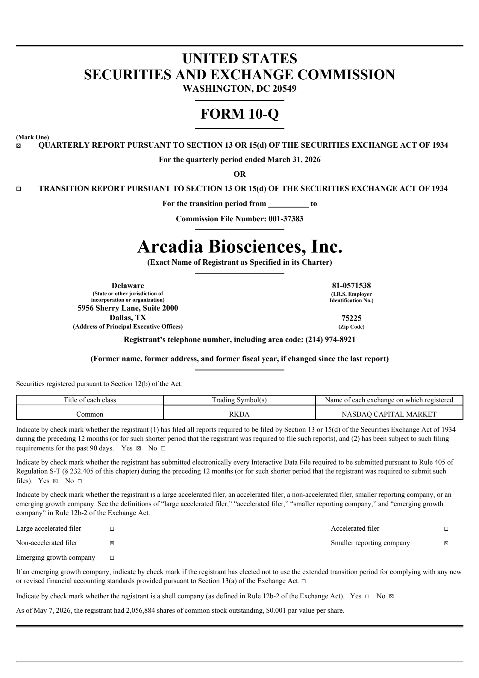 Arcadia Biosciences' Q1 2026 Quarterly report