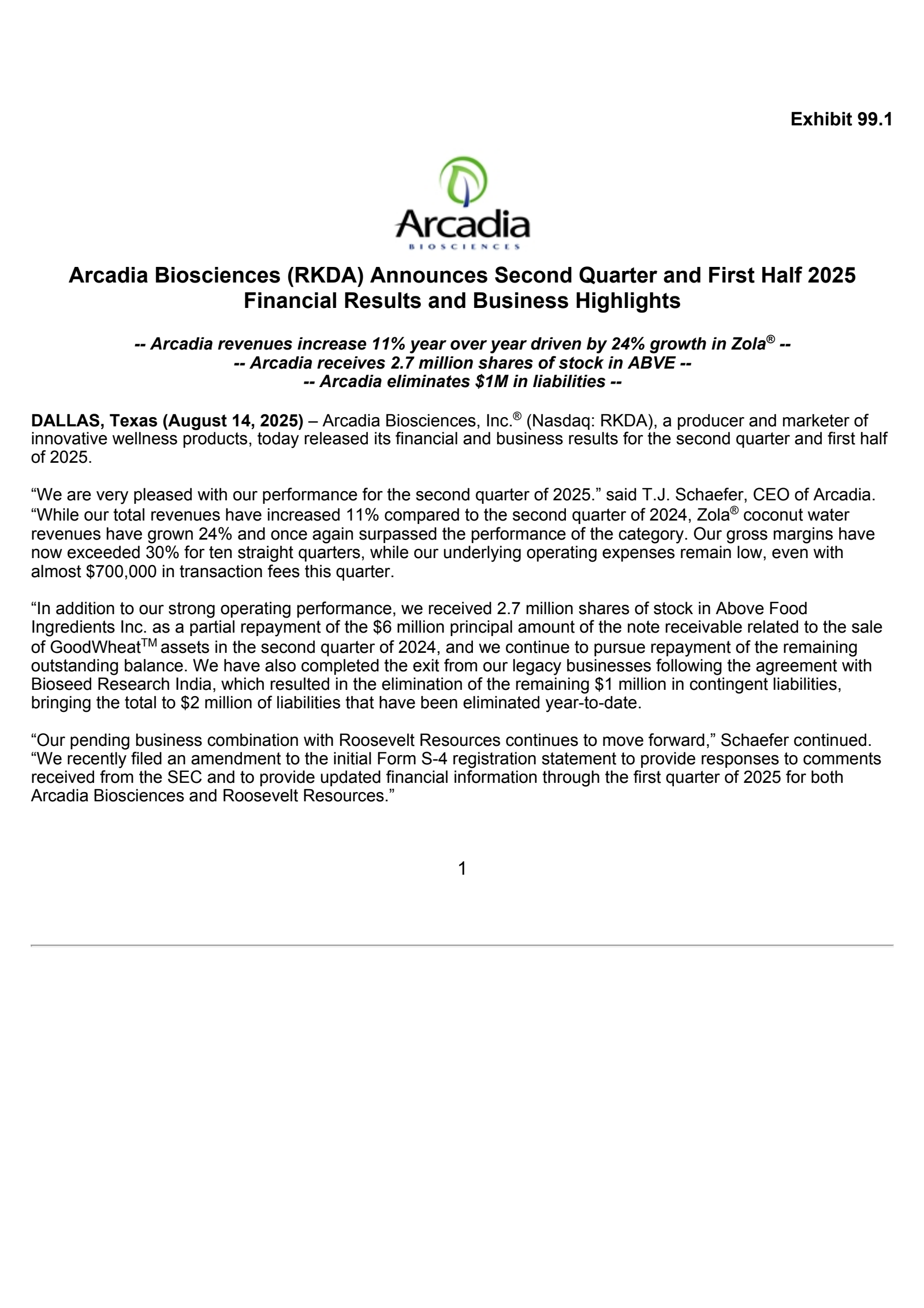 Arcadia Biosciences' Q2 2025 Press Release