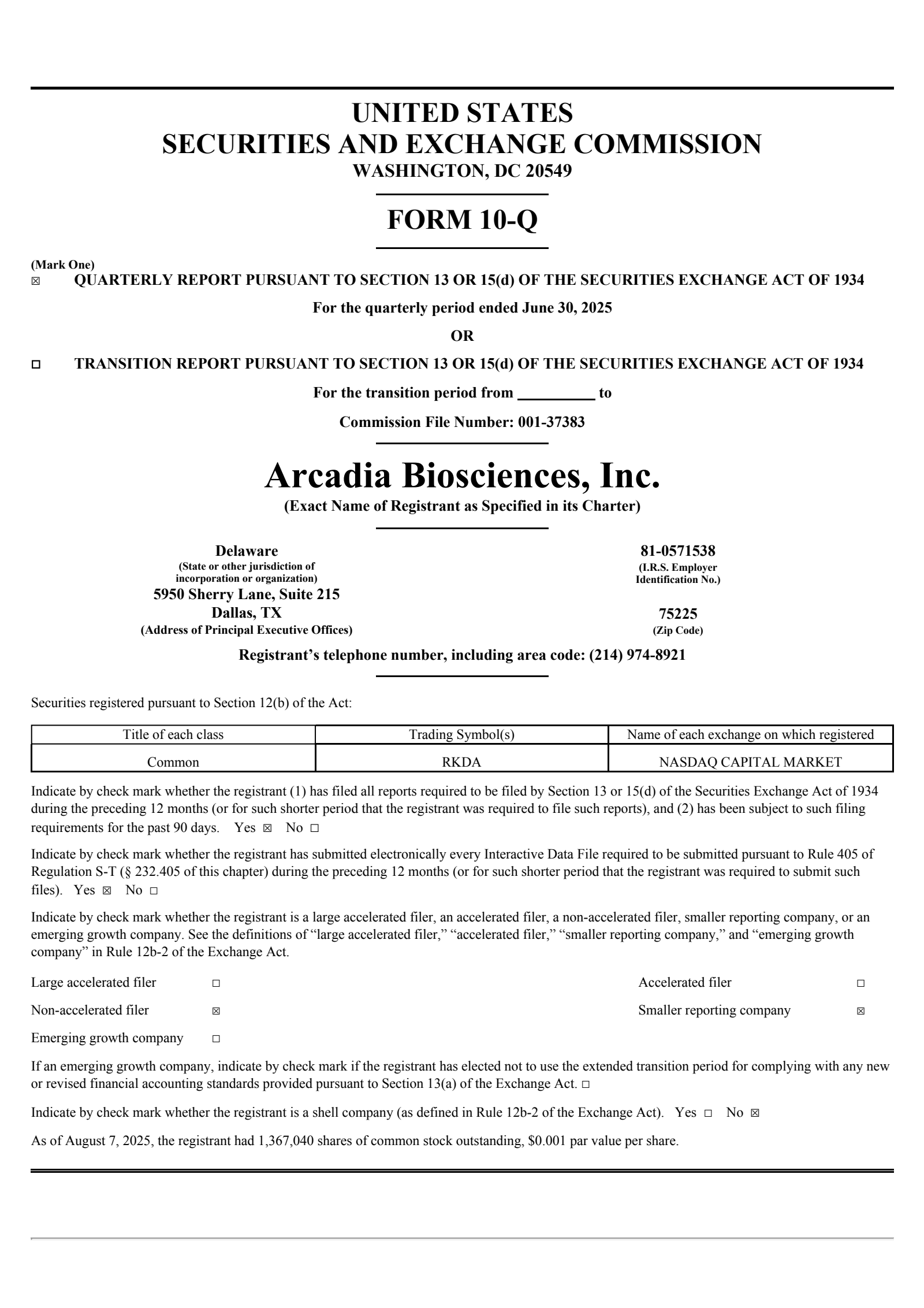 Arcadia Biosciences' Q2 2025 Quarterly report