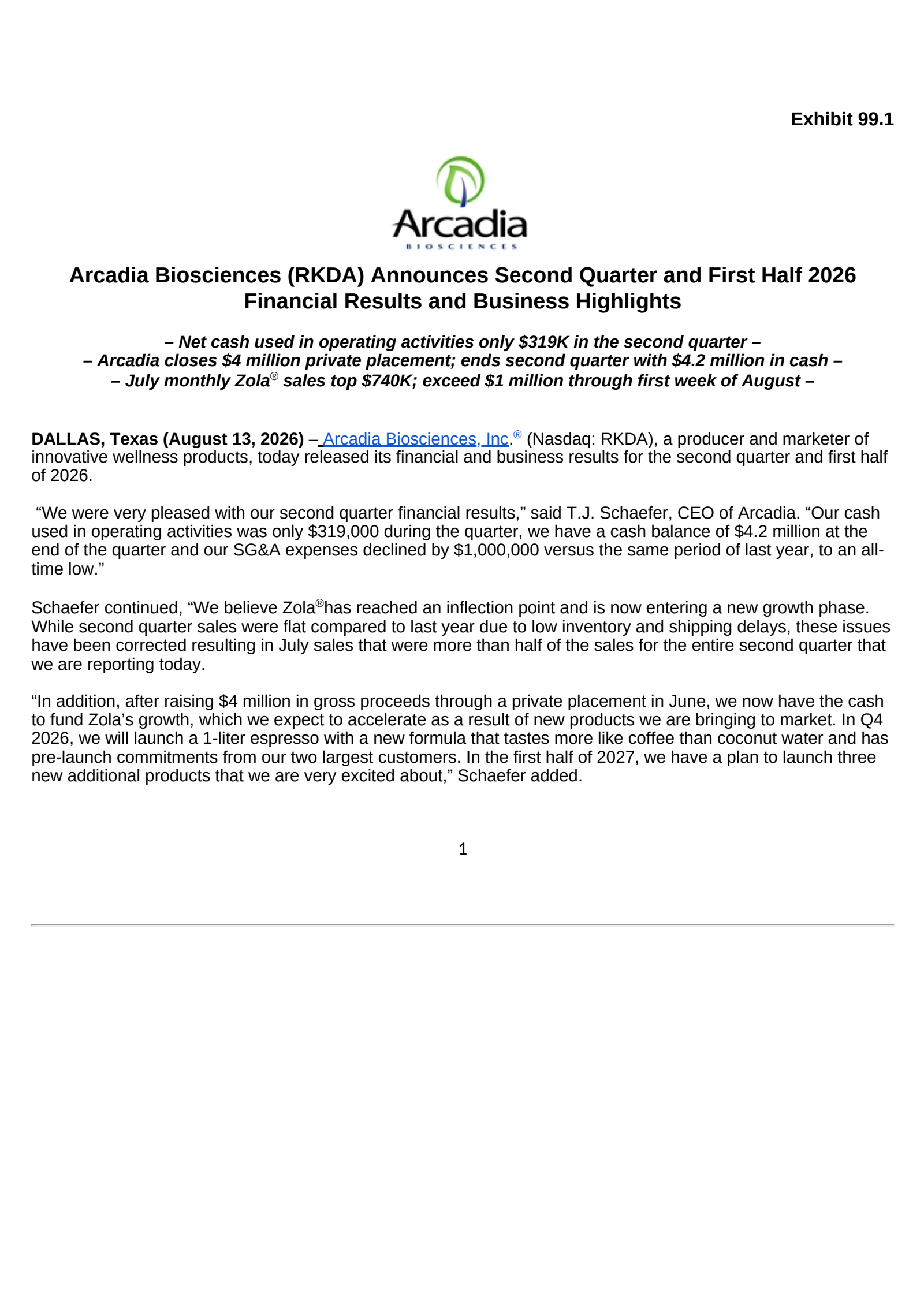 Arcadia Biosciences' Q2 2026 Press Release