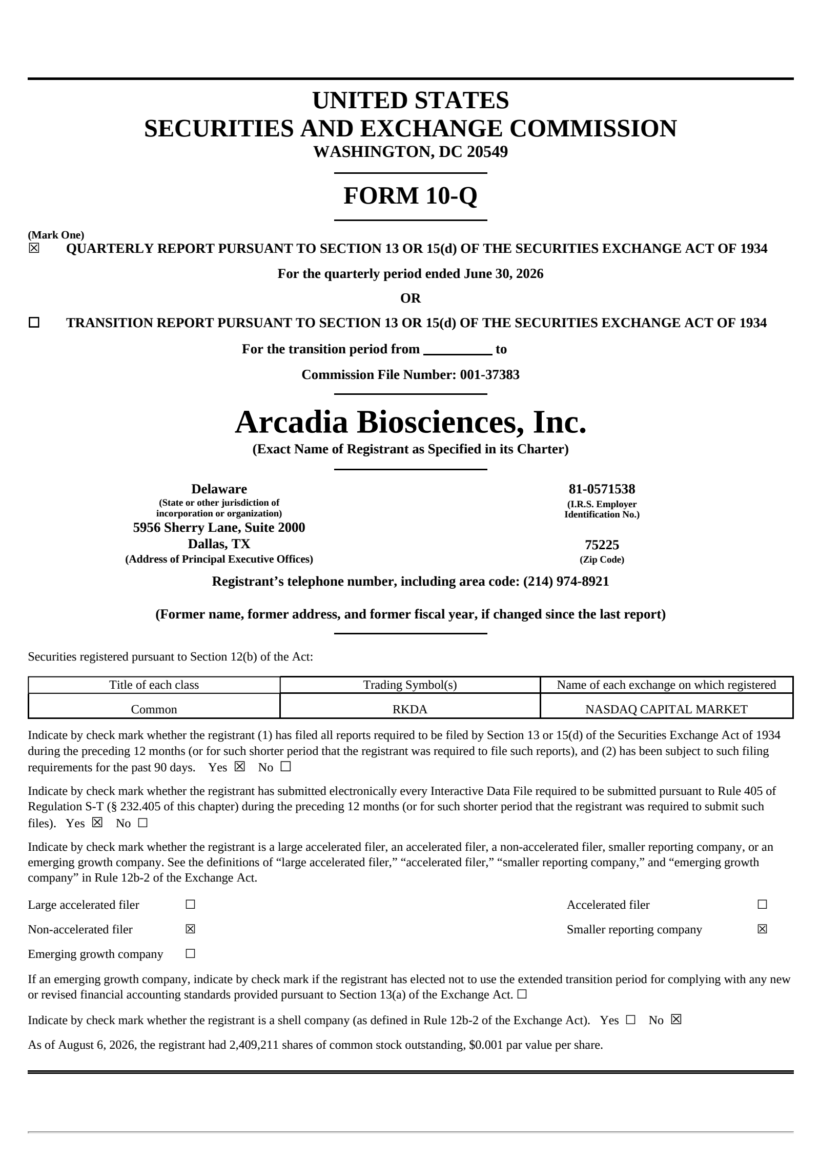 Arcadia Biosciences' Q2 2026 Quarterly report