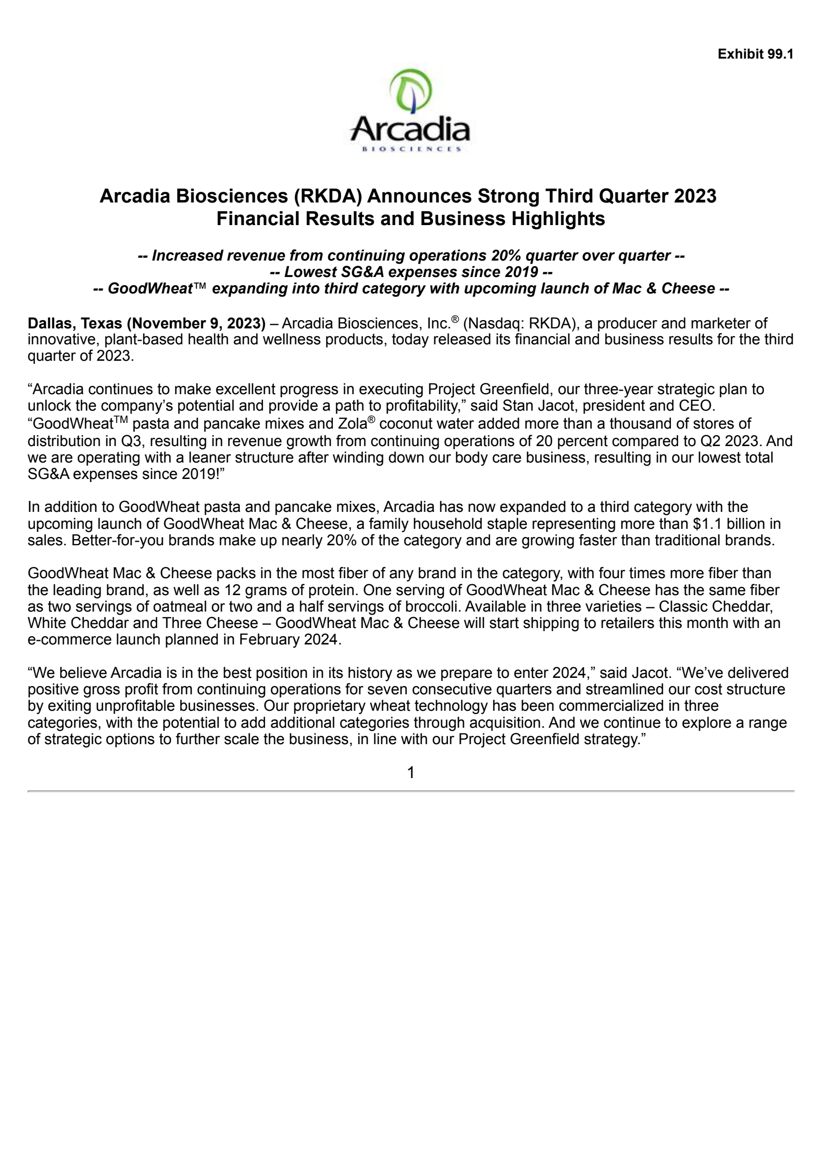 Arcadia Biosciences' Q3 2023 Press Release