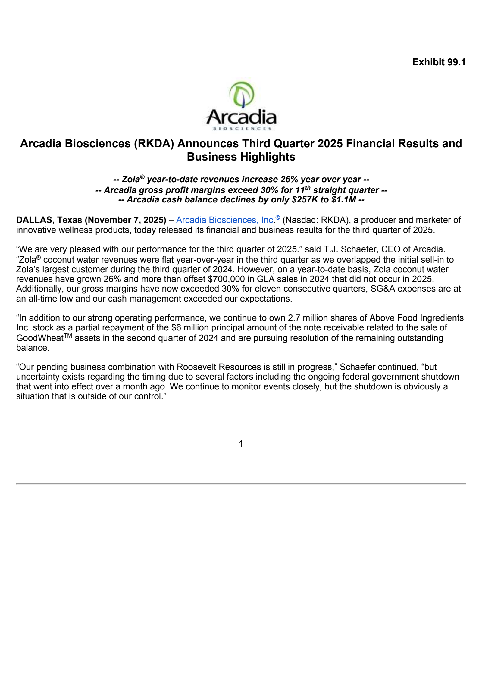 Arcadia Biosciences' Q3 2025 Earnings Release